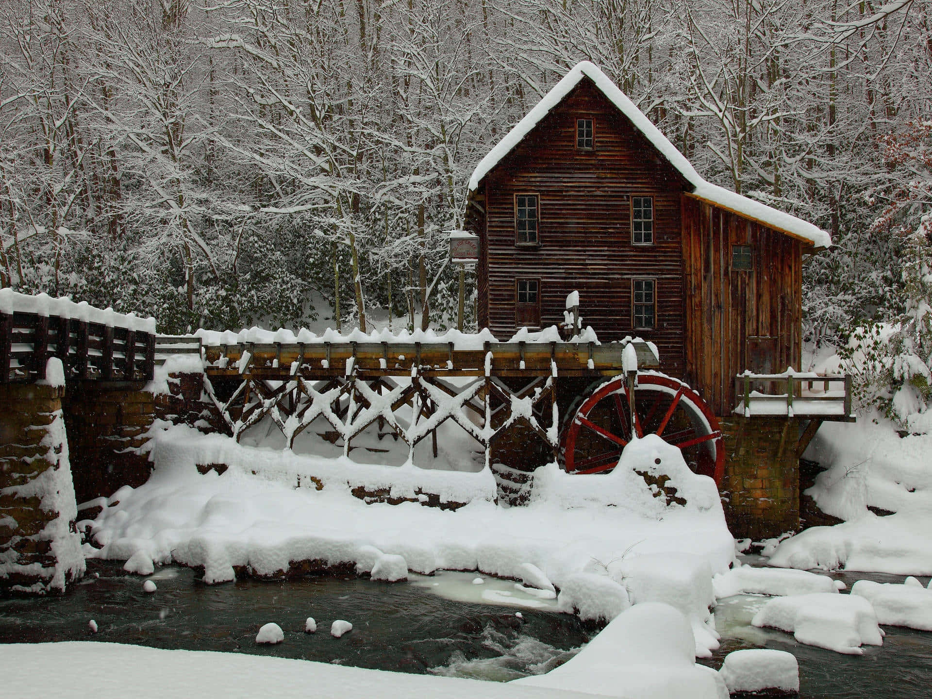 snow-covered wooden water mill, red wheel, flowing stream, Full HD Desktop Wallpaper