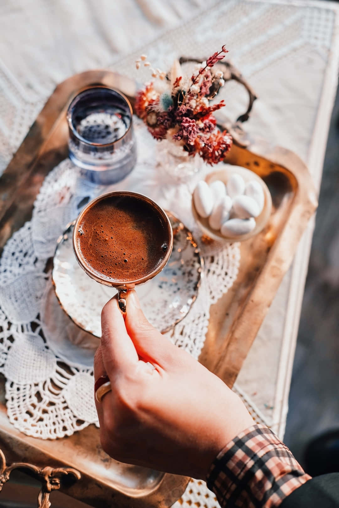 copper cup, dark coffee, lace doily, HD Phone Wallpaper