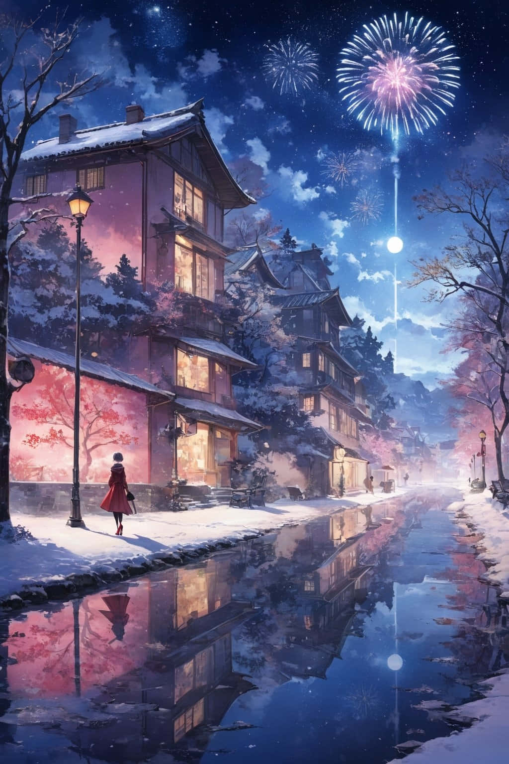 red coat, snow-covered Japanese street, night, HD Phone Wallpaper