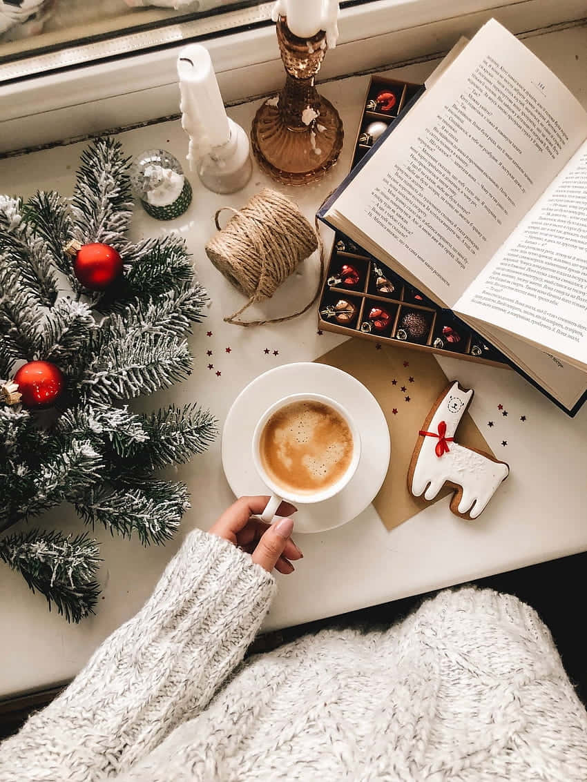 cozy winter scene, snowy fir branch, red ornaments, SD Phone Wallpaper