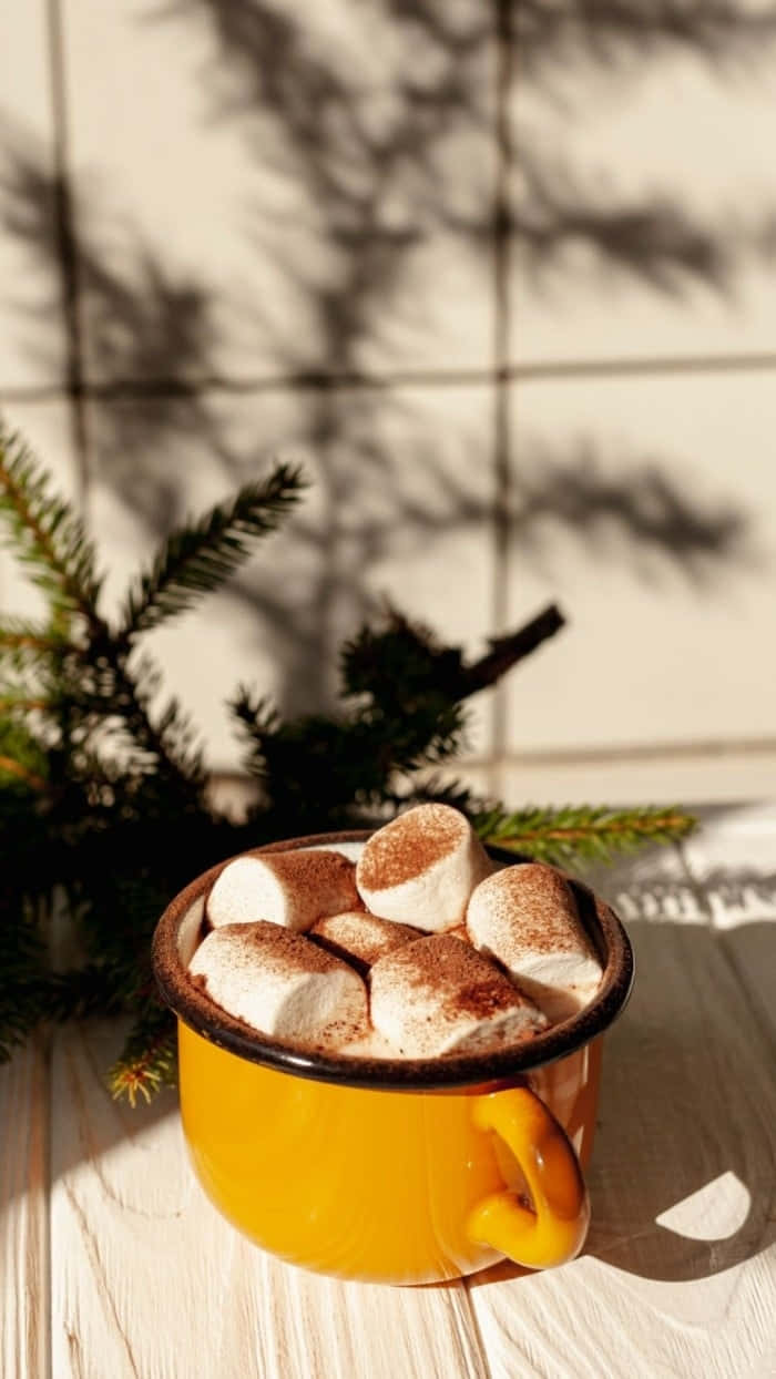 yellow enamel mug, hot cocoa, marshmallows, SD Phone Wallpaper