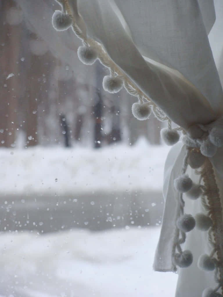 snowy window, pom-pom trimmed curtain, snowy winter scene, SD Phone Wallpaper