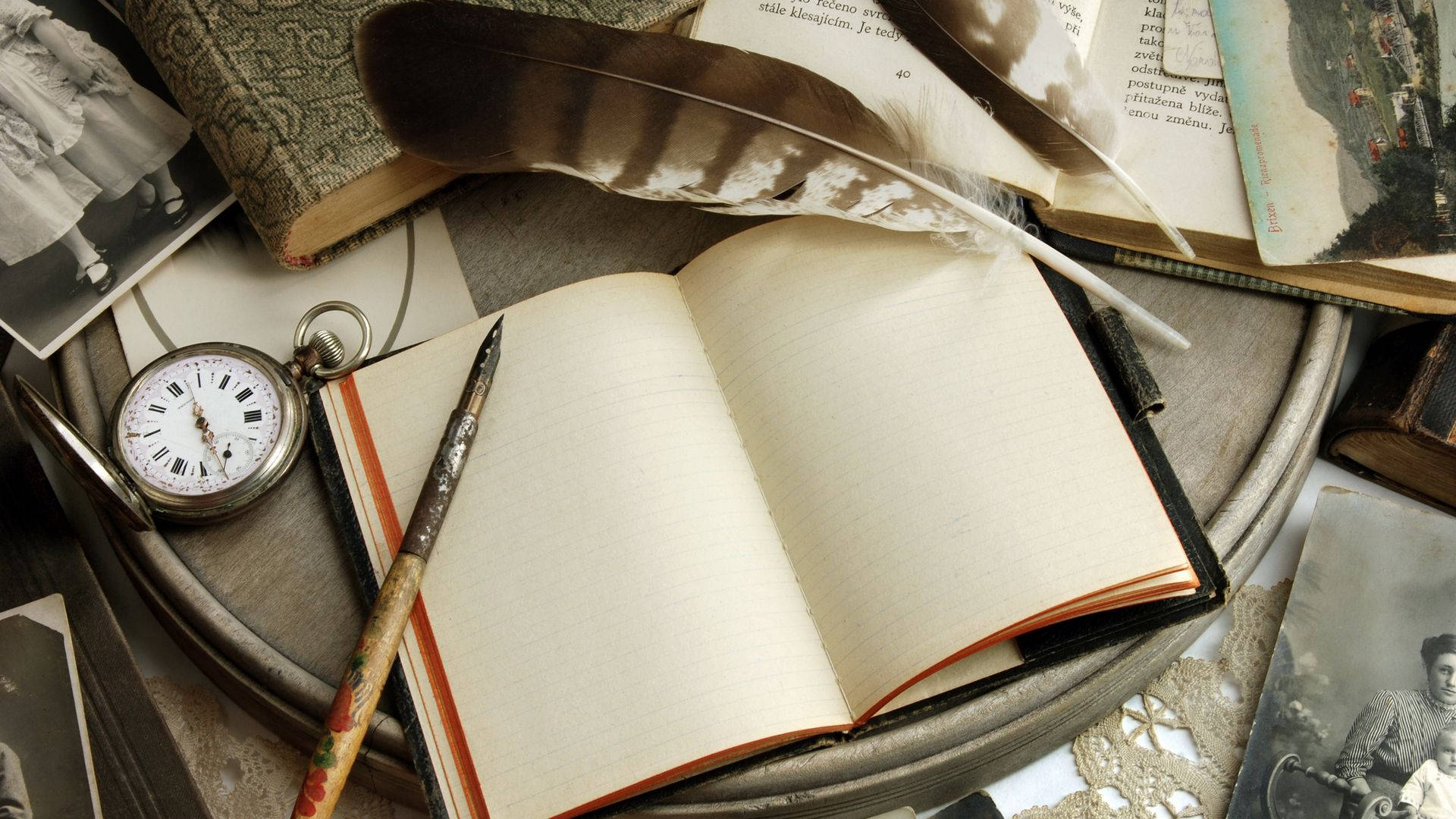 vintage notebook, pocket watch, feather pen, Full HD Desktop Wallpaper