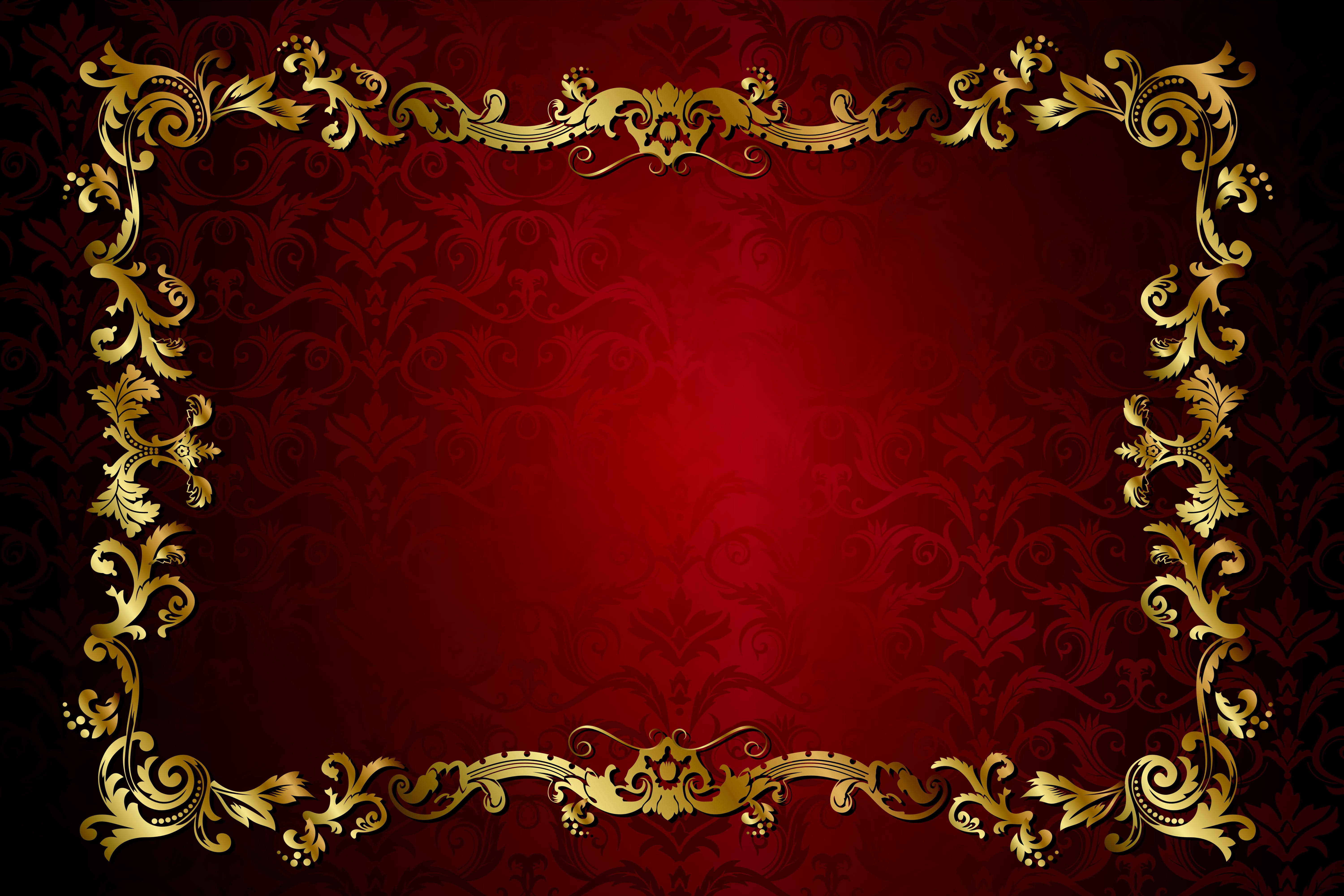 classic gold ornamental frame, rich red damask, gold filigree, 5K Desktop Wallpaper