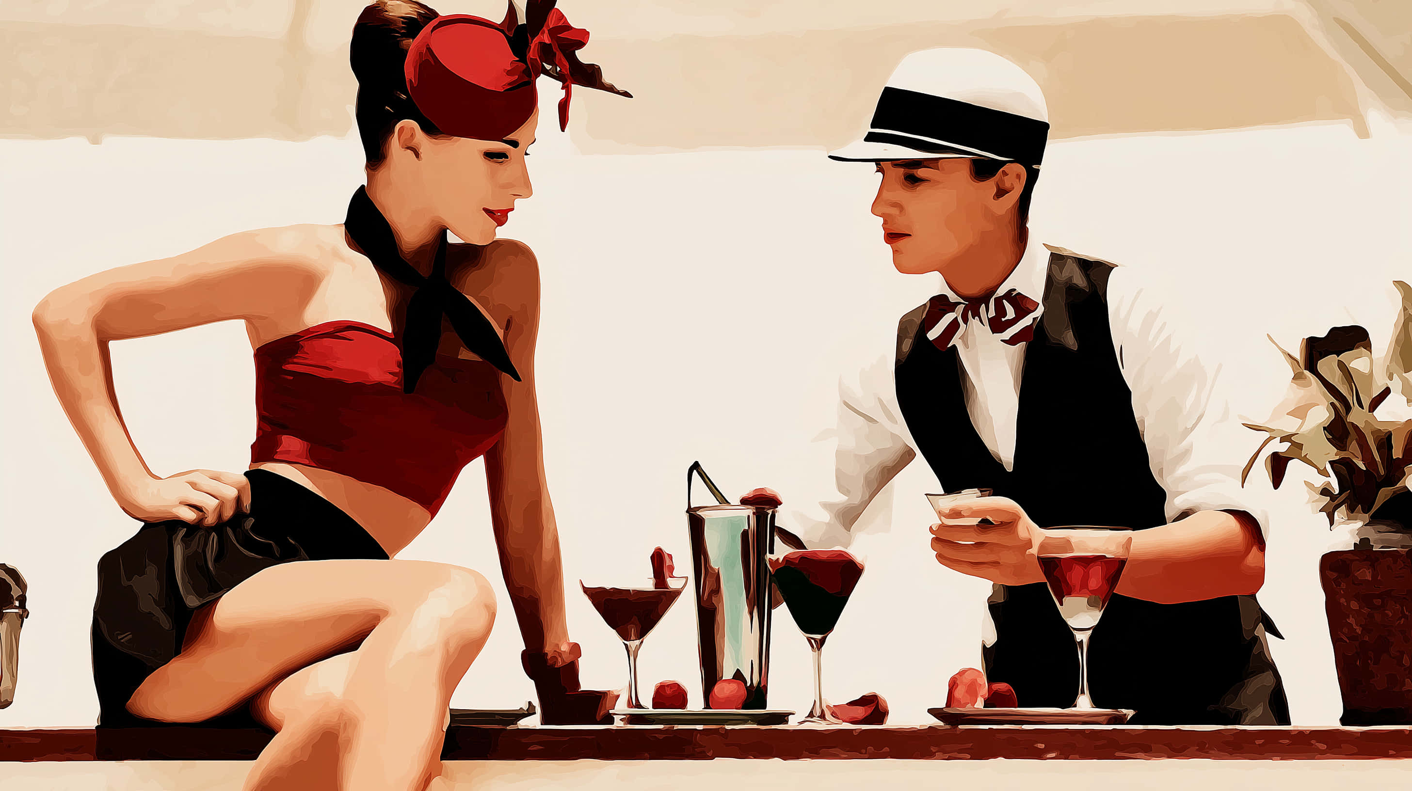 retro couple, sipping cocktails, outdoor cafe, 2K Desktop Wallpaper