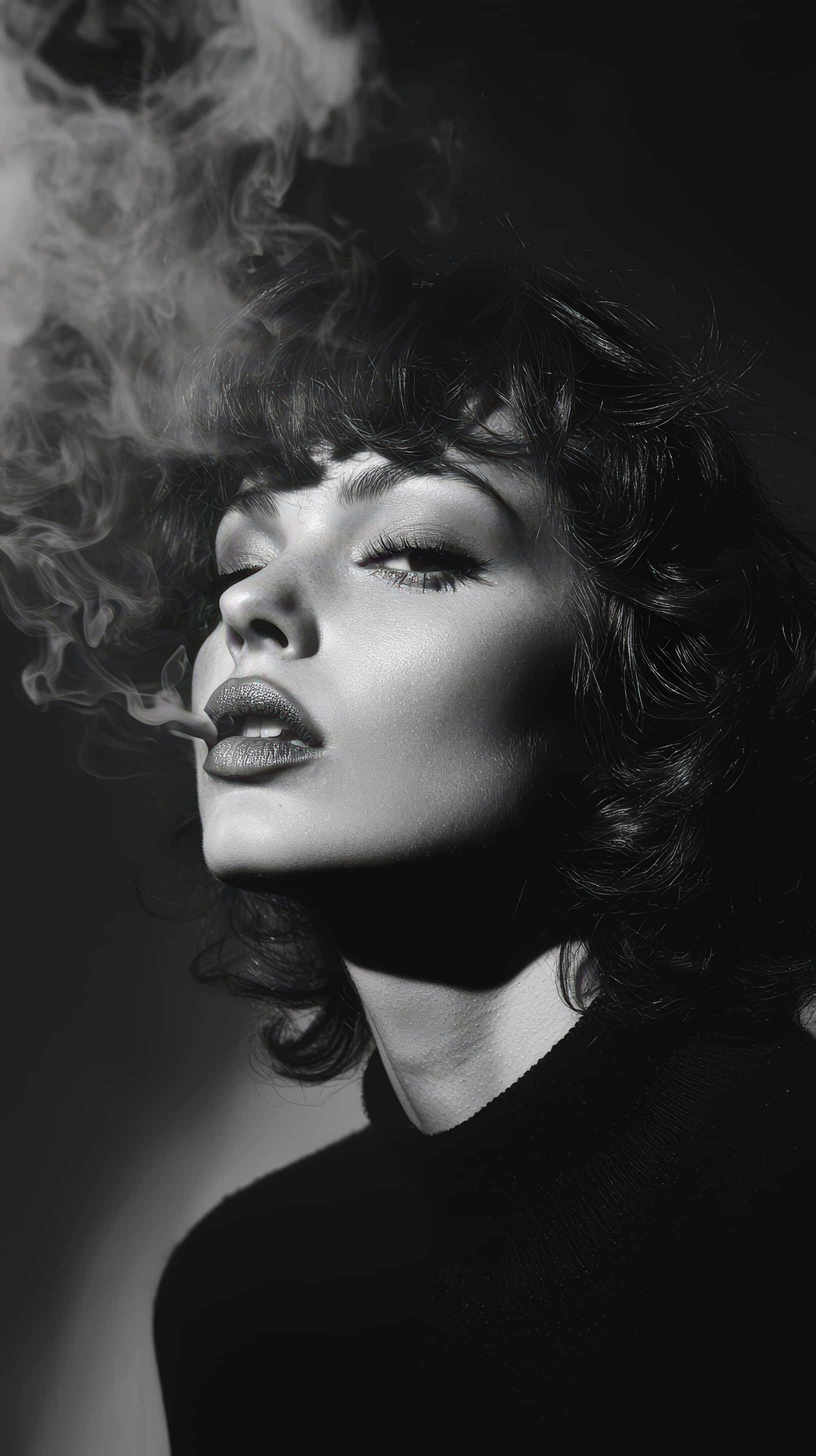 glamorous woman, exhales smoke, moody black and white portrait, 2K Phone Wallpaper