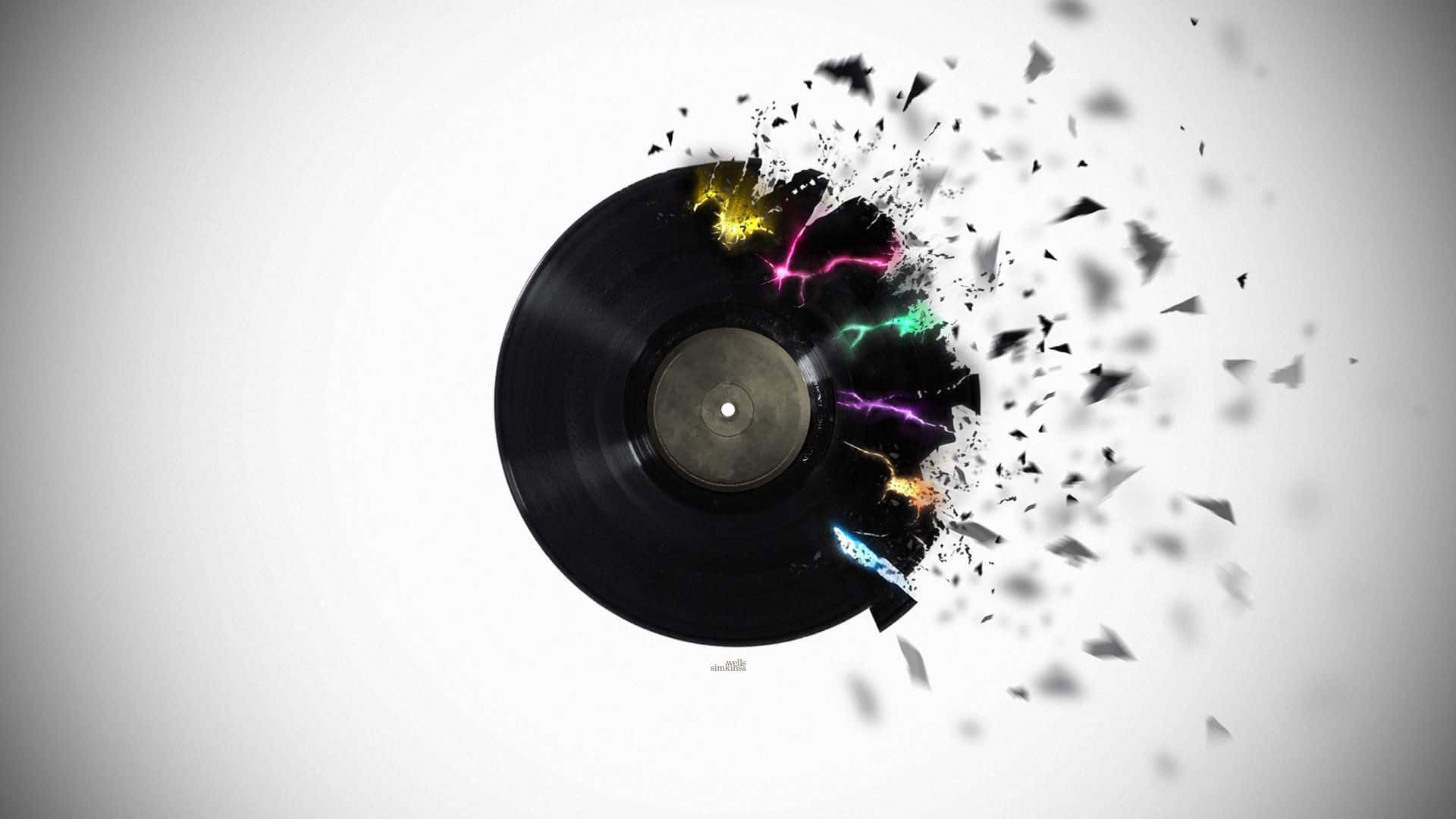 black vinyl record, neon lightning bolts, stark white background, Full HD Desktop Wallpaper