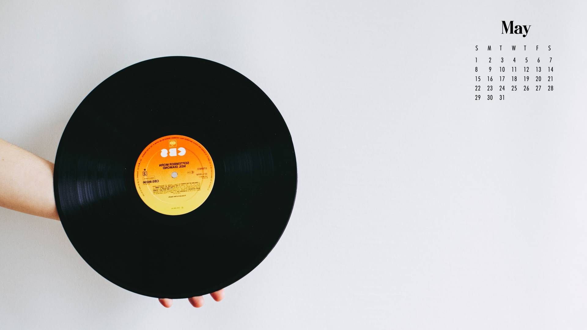 May 2022 Calendar, black vinyl record, yellow label, Full HD Desktop Wallpaper