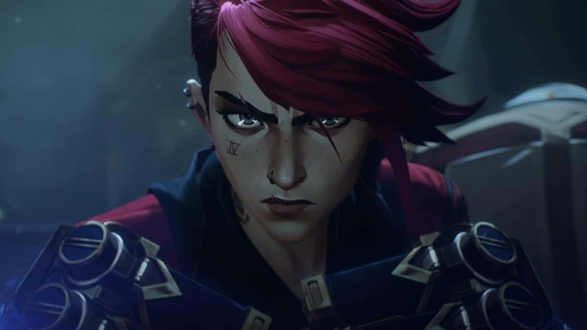 crimson hair, mechanical armor, dimly lit environment, SD Desktop Wallpaper
