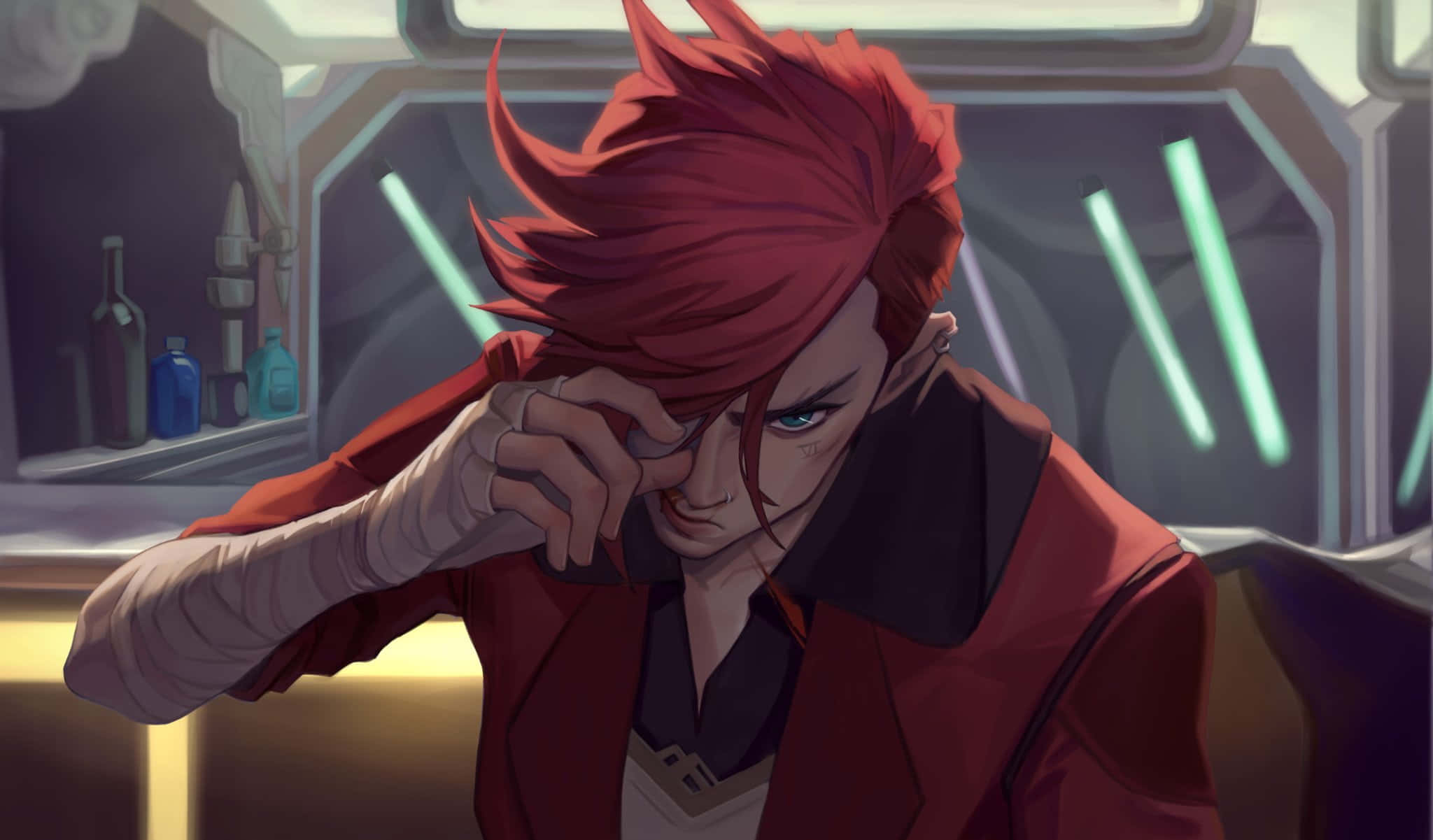 red-haired anime character, red coat, futuristic bar, Full HD Desktop Wallpaper