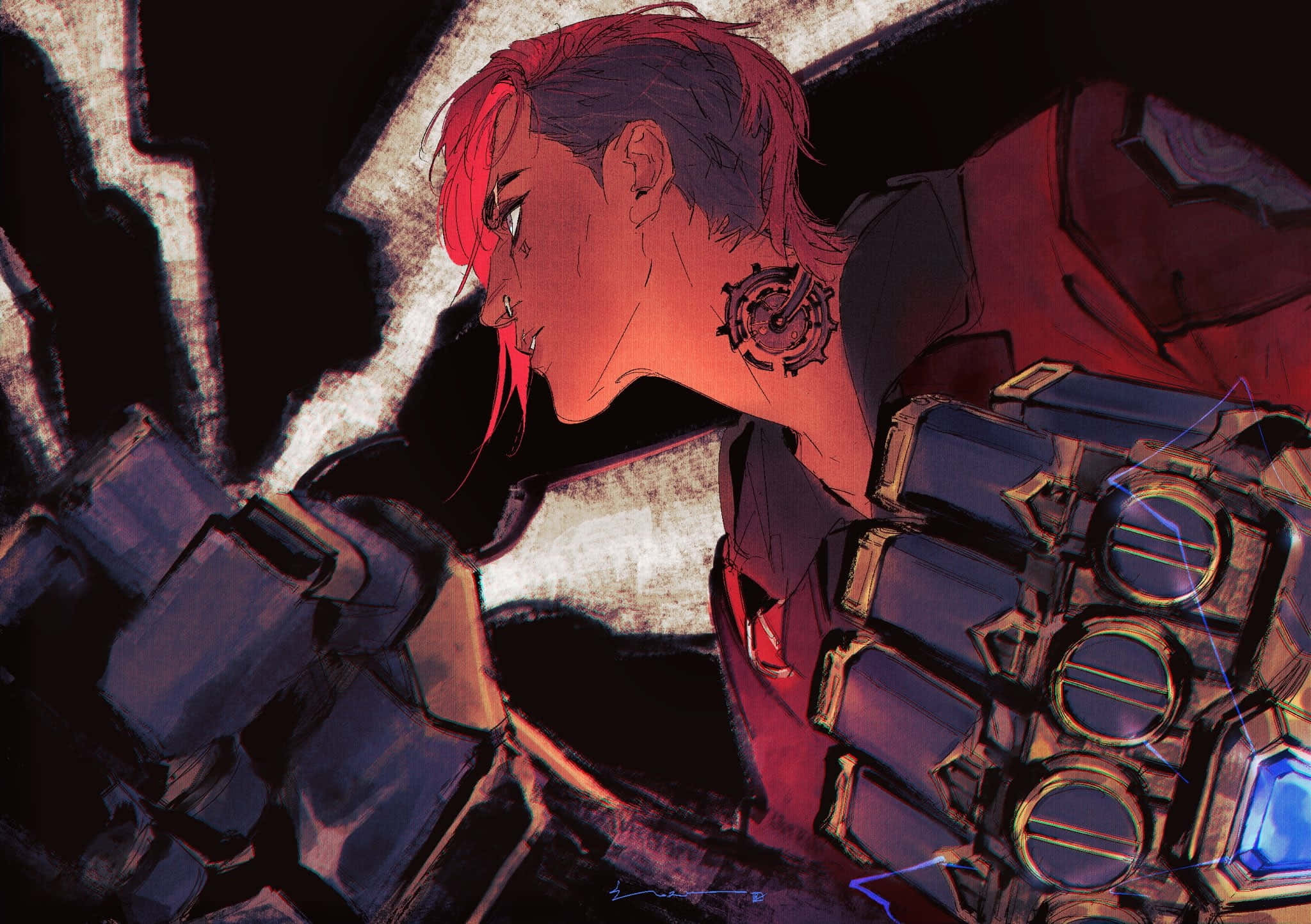Violet Arcane, cyberpunk anime character, red hair, Full HD Desktop Wallpaper