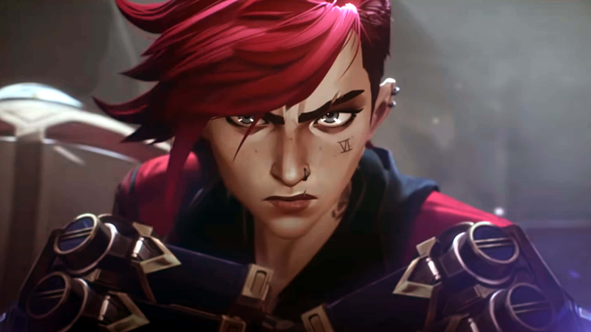 Violet Arcane, fierce anime character, vibrant red hair, Full HD Desktop Wallpaper