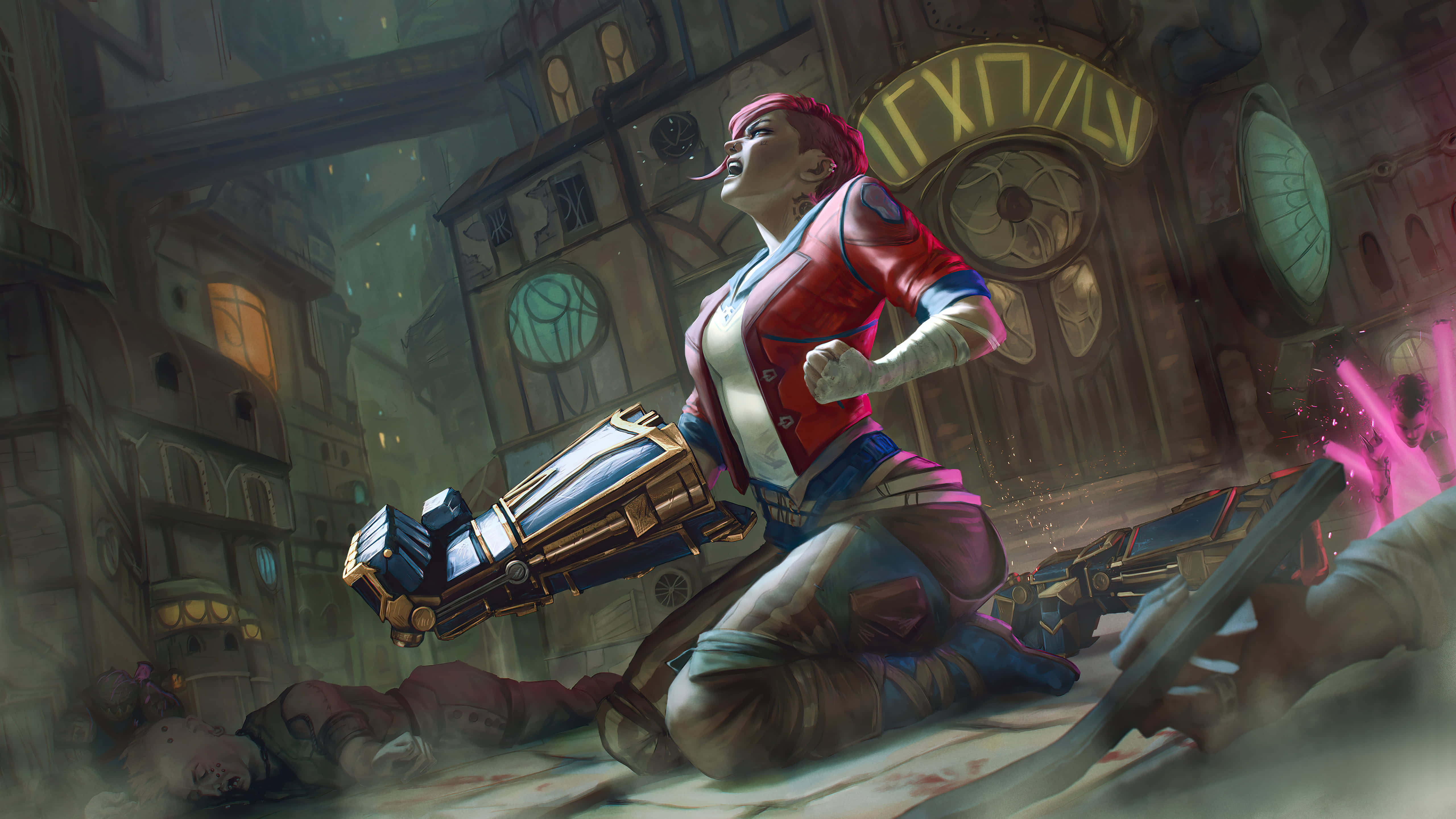 Violet Arcane, red-haired warrior, gothic city street, 5K Desktop Wallpaper