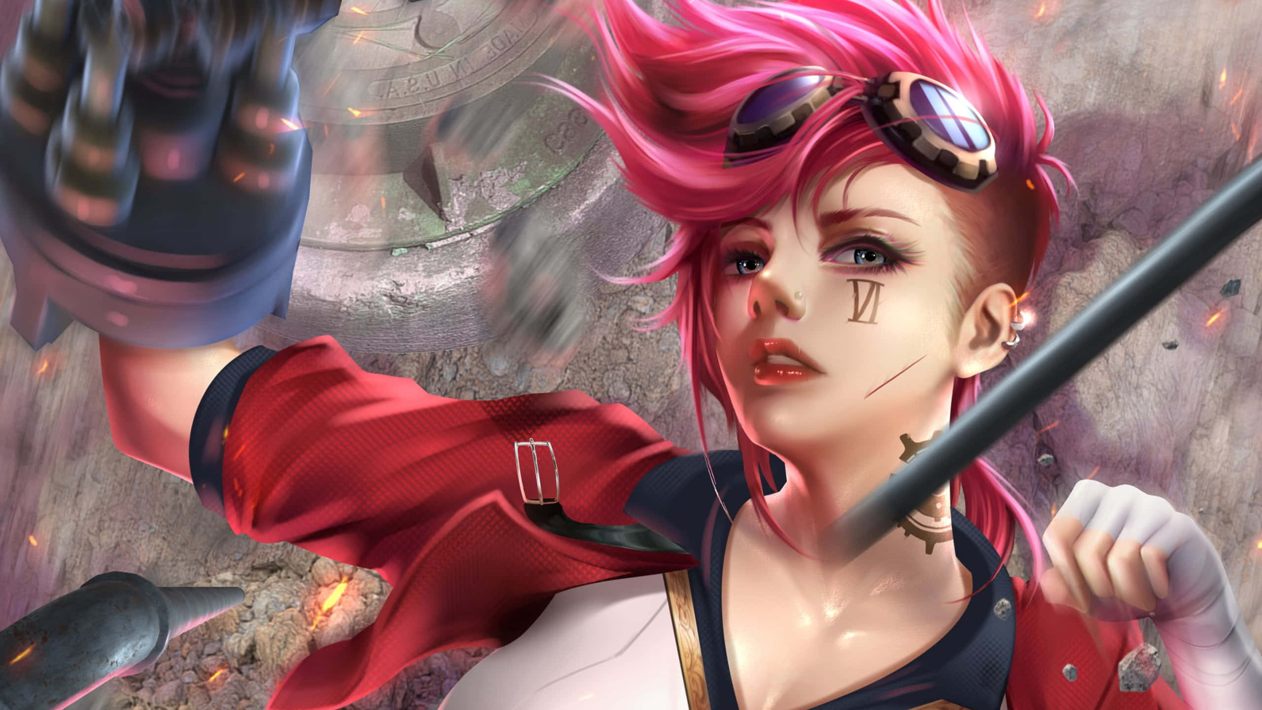 Violet Arcane, pink-haired anime girl, goggles, 2K Desktop Wallpaper