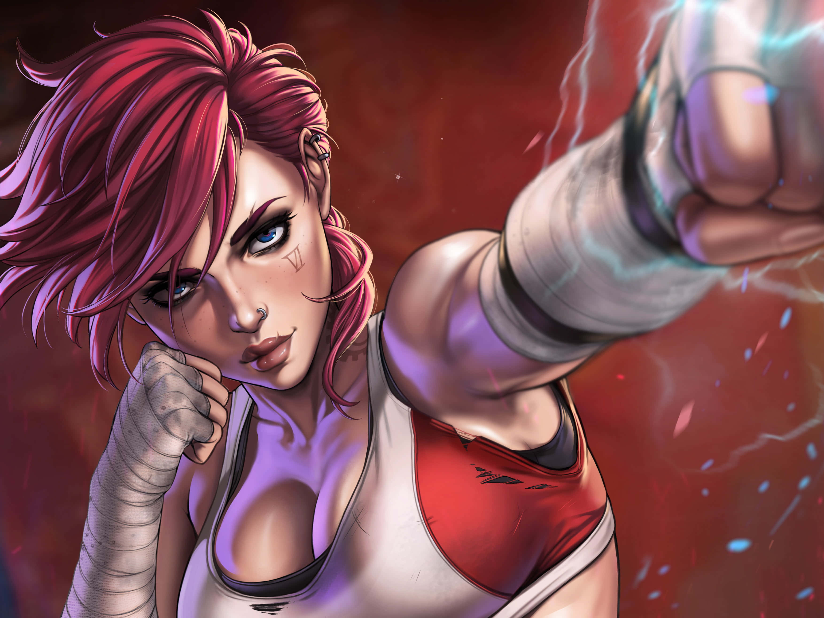 Violet Arcane, pink hair, glowing fists, 2K Desktop Wallpaper