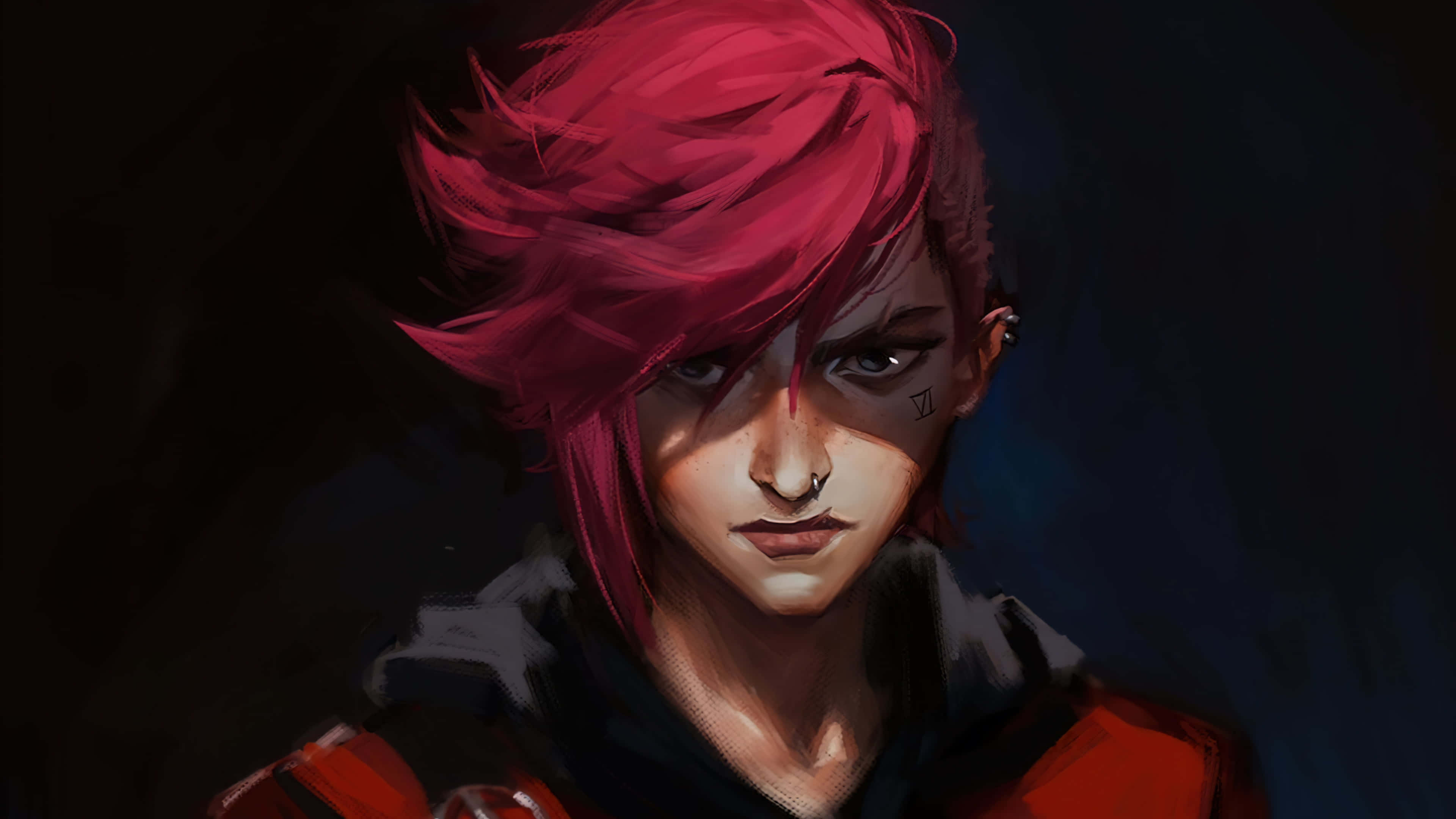 Violet Arcane, vibrant red hair, intense gaze, 4K Desktop Wallpaper