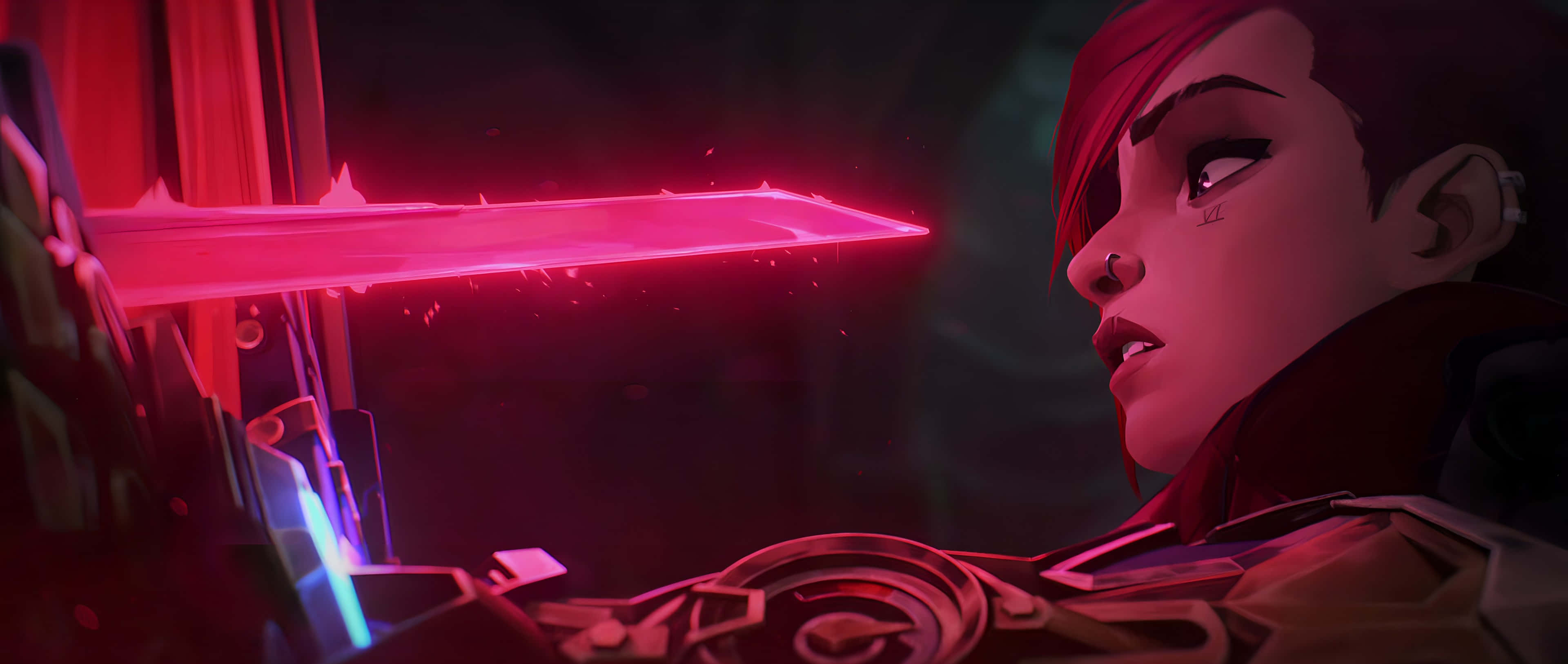 Violet Arcane, red hair, glowing pink sword, 4K Desktop Wallpaper