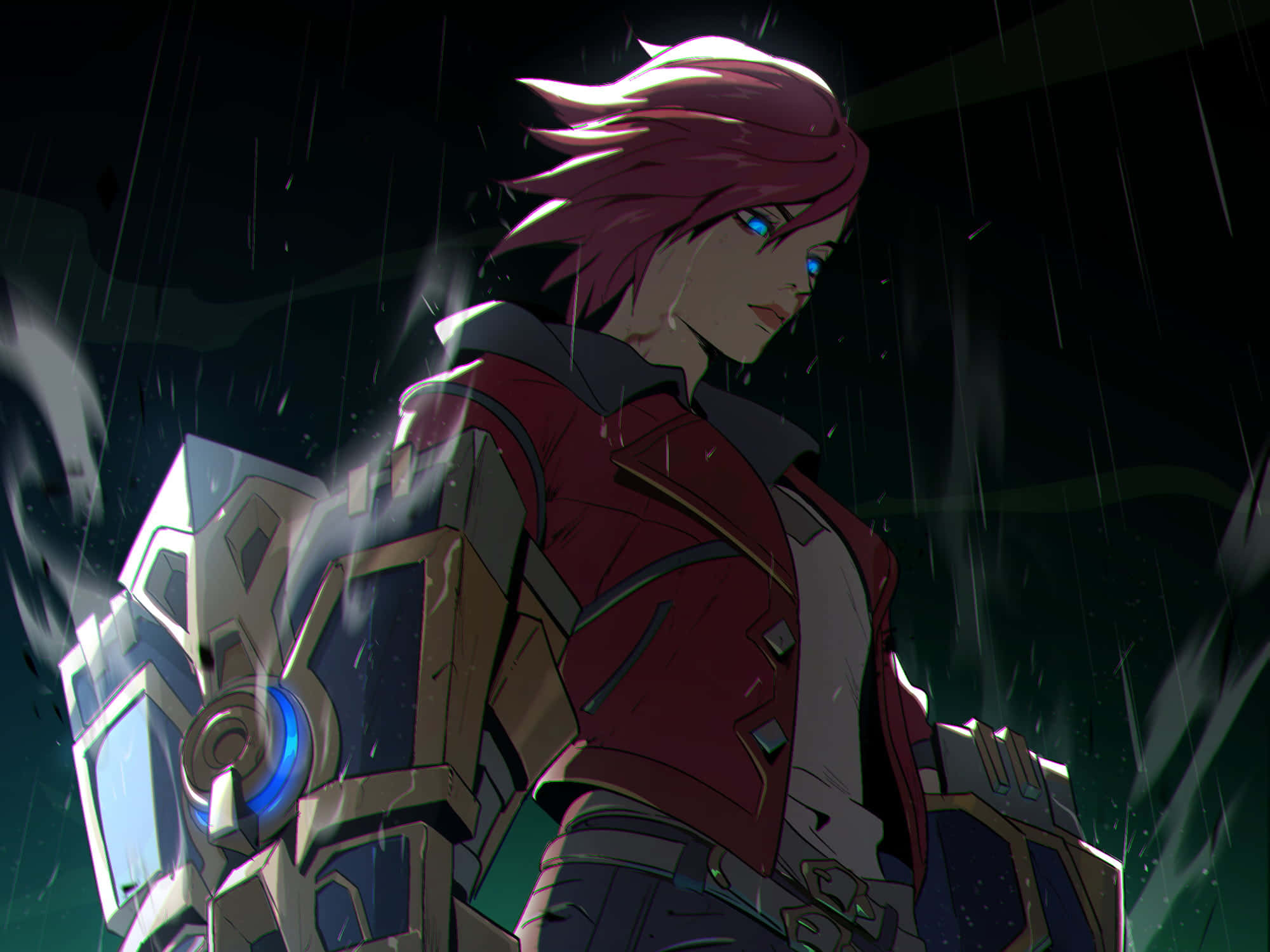 Violet Arcane, pink-haired anime character, glowing blue eyes, Full HD Desktop Wallpaper
