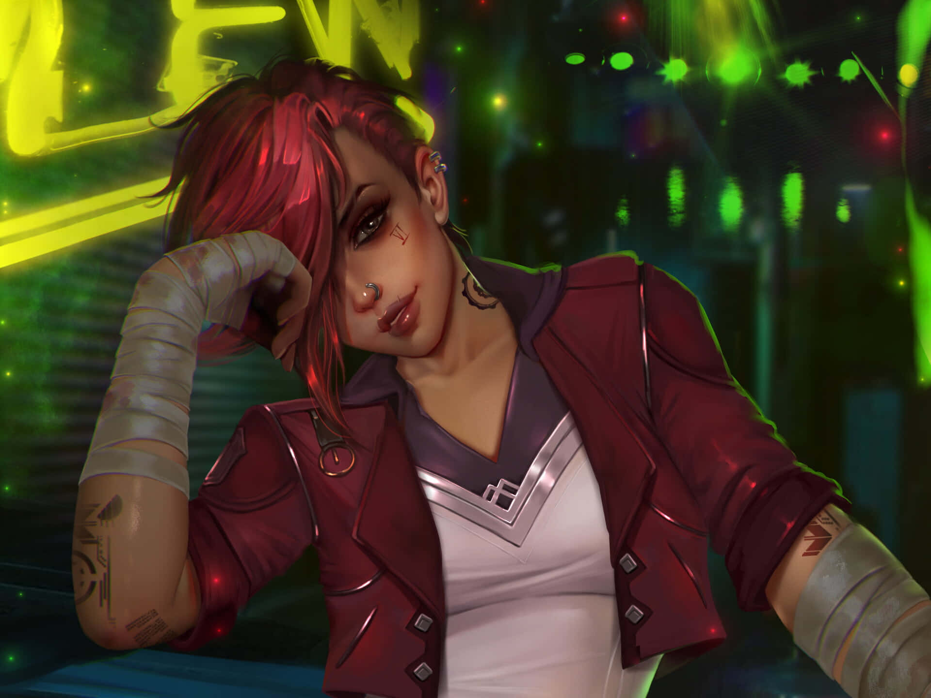 Violet Arcane, red-haired anime girl, bandaged arms, Full HD Desktop Wallpaper
