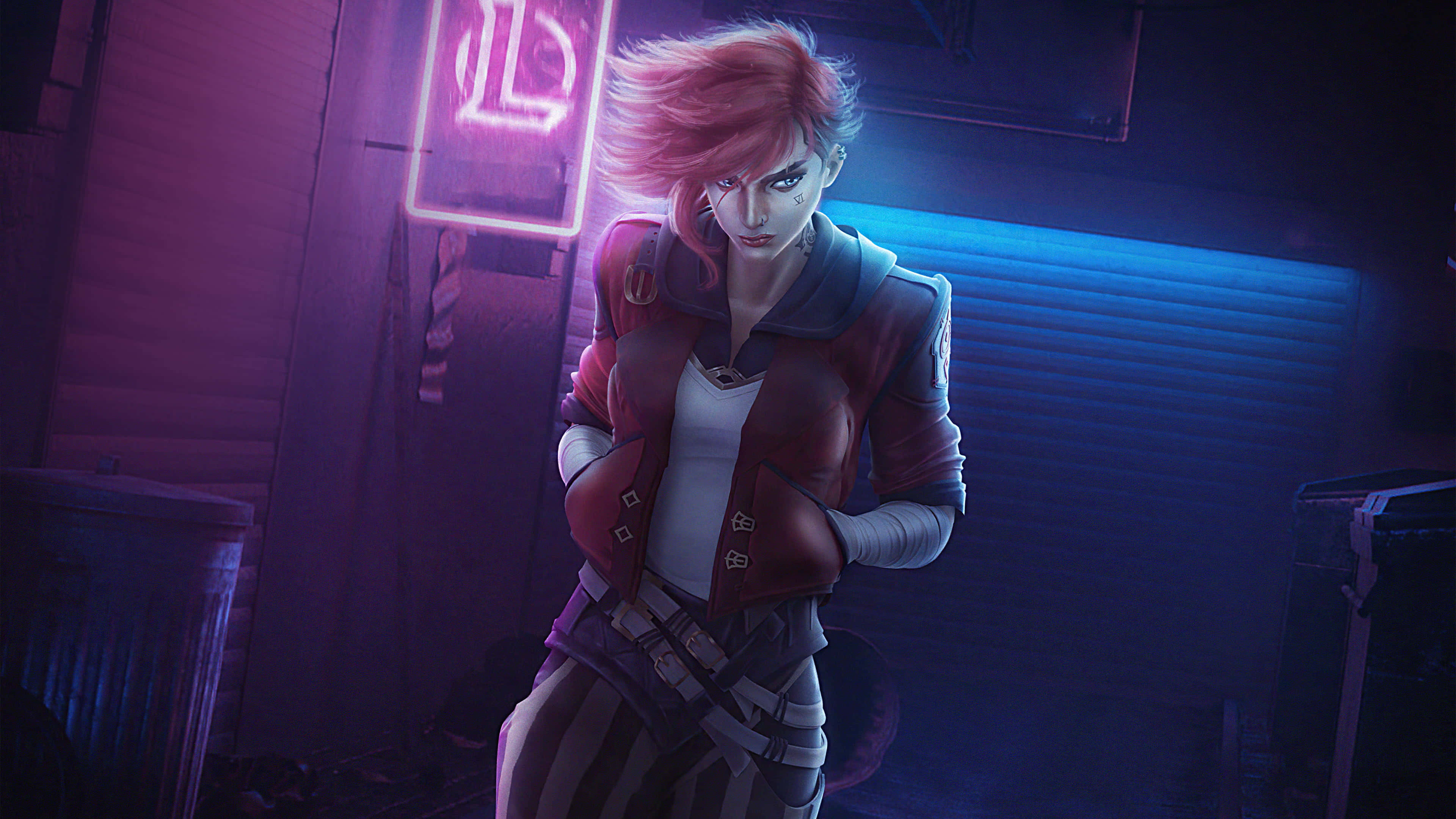 Violet Arcane, neon-lit alleyway, purple lights, 4K Desktop Wallpaper