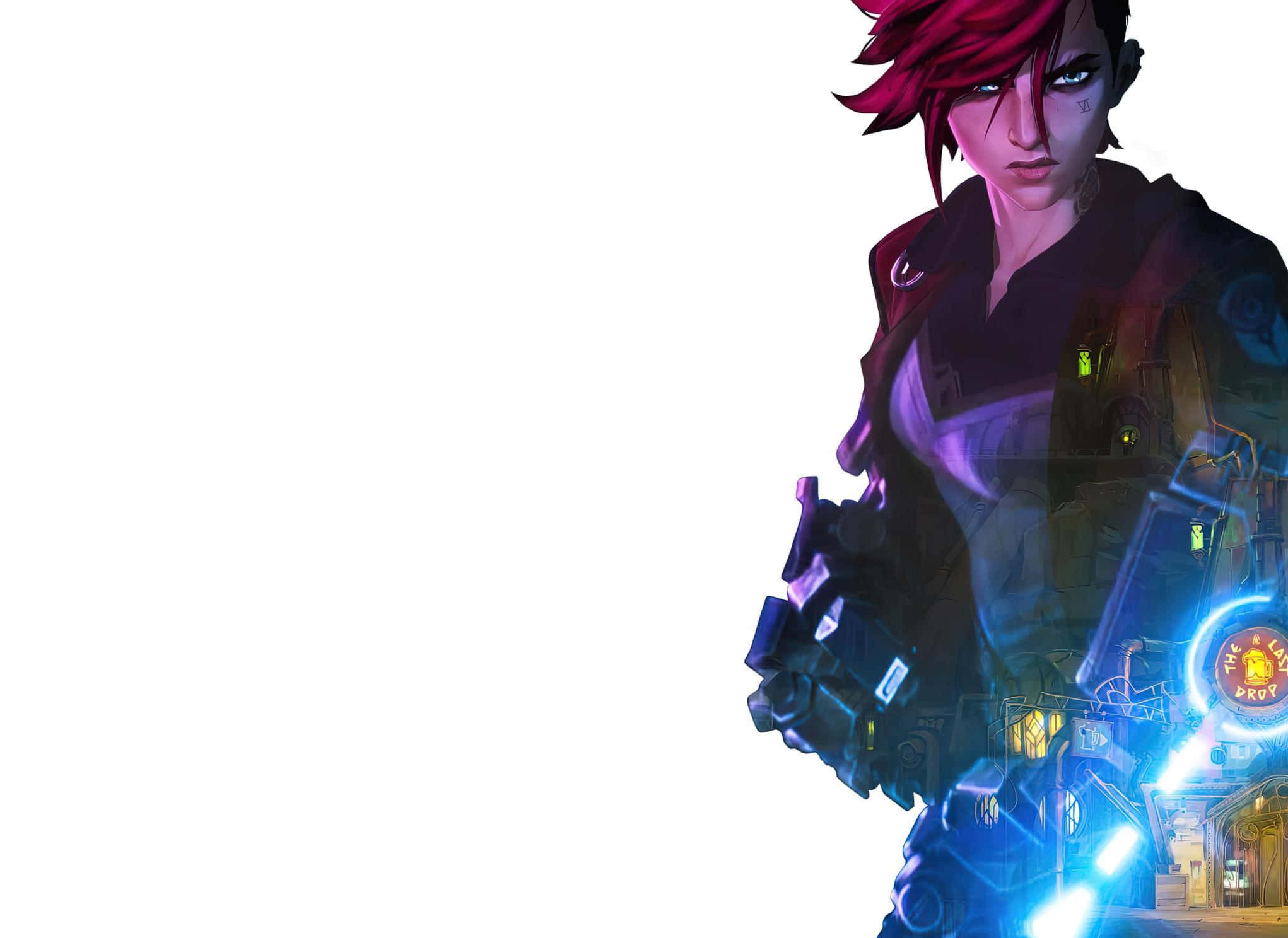 Violet Arcane, crimson hair, glowing blue tech gear, Full HD Desktop Wallpaper