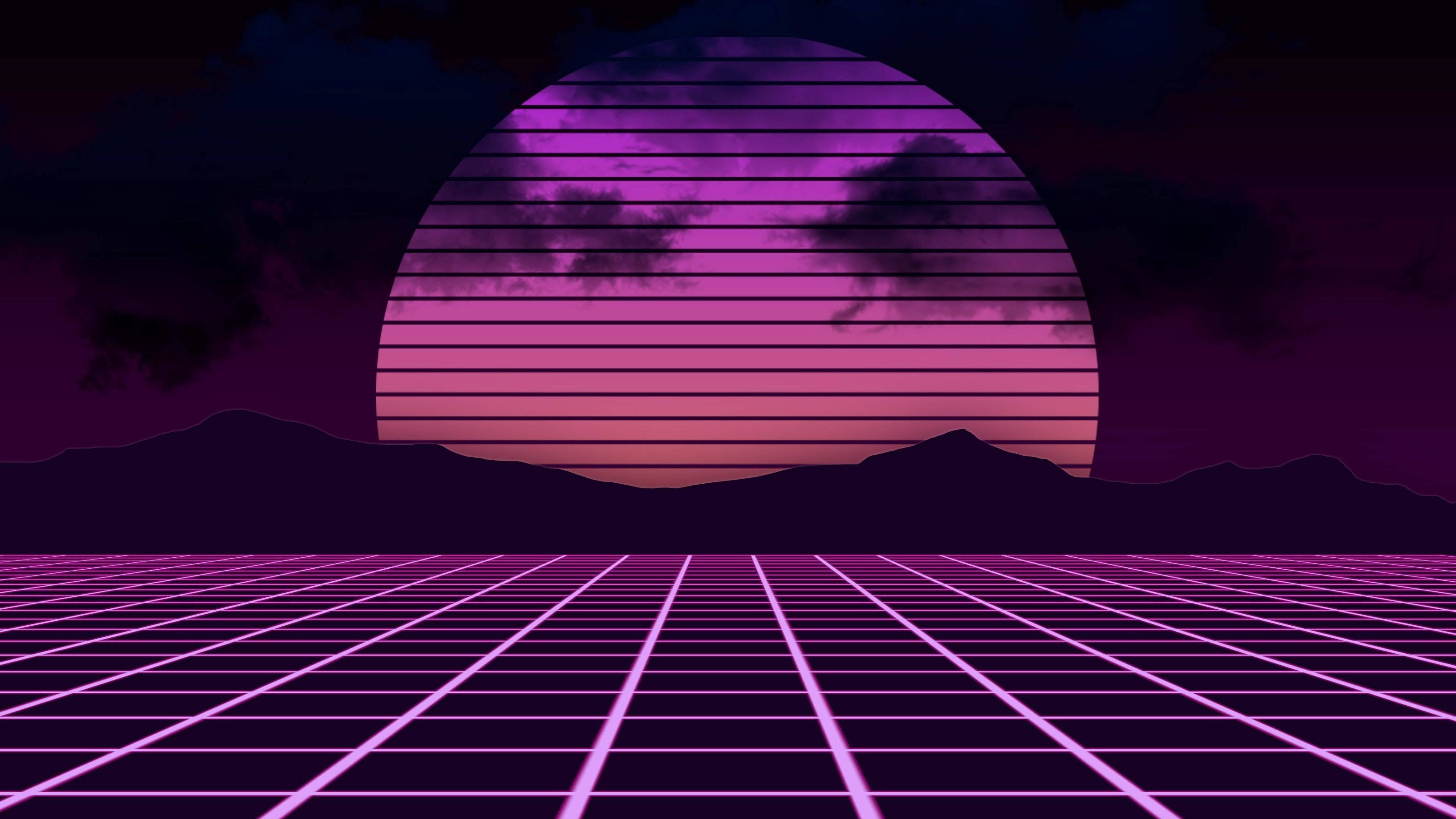 Violet, purple sunset, neon grid, 4K Desktop Wallpaper