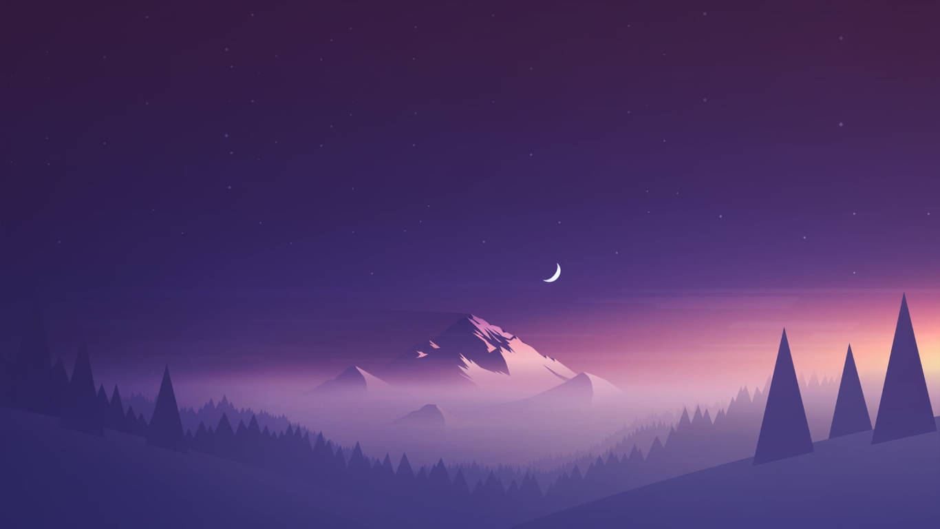 crescent moon, snow-capped mountains, silhouetted pine trees, HD Desktop Wallpaper