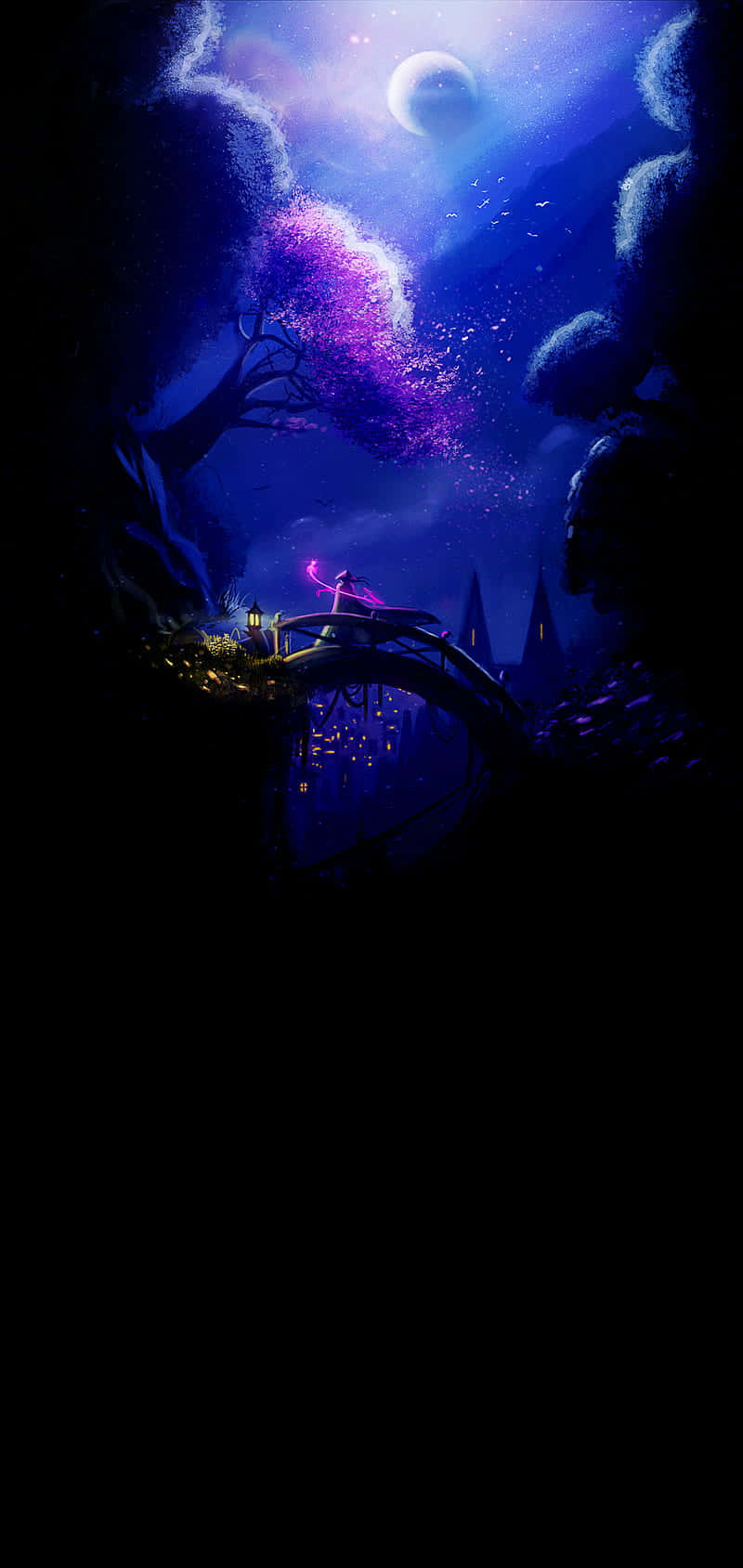 crescent moon, glowing purple tree, mystical dark forest, HD Phone Wallpaper