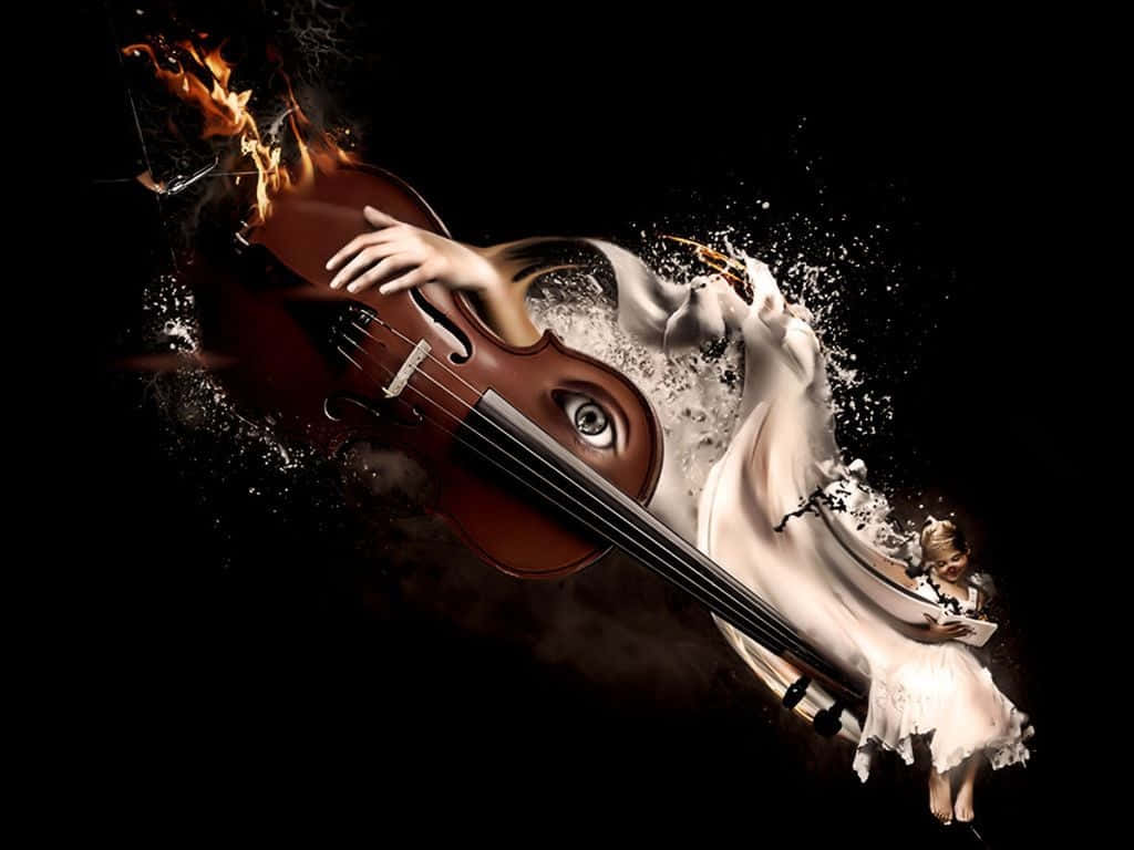 Violin, human eye, flaming strings, SD Desktop Wallpaper