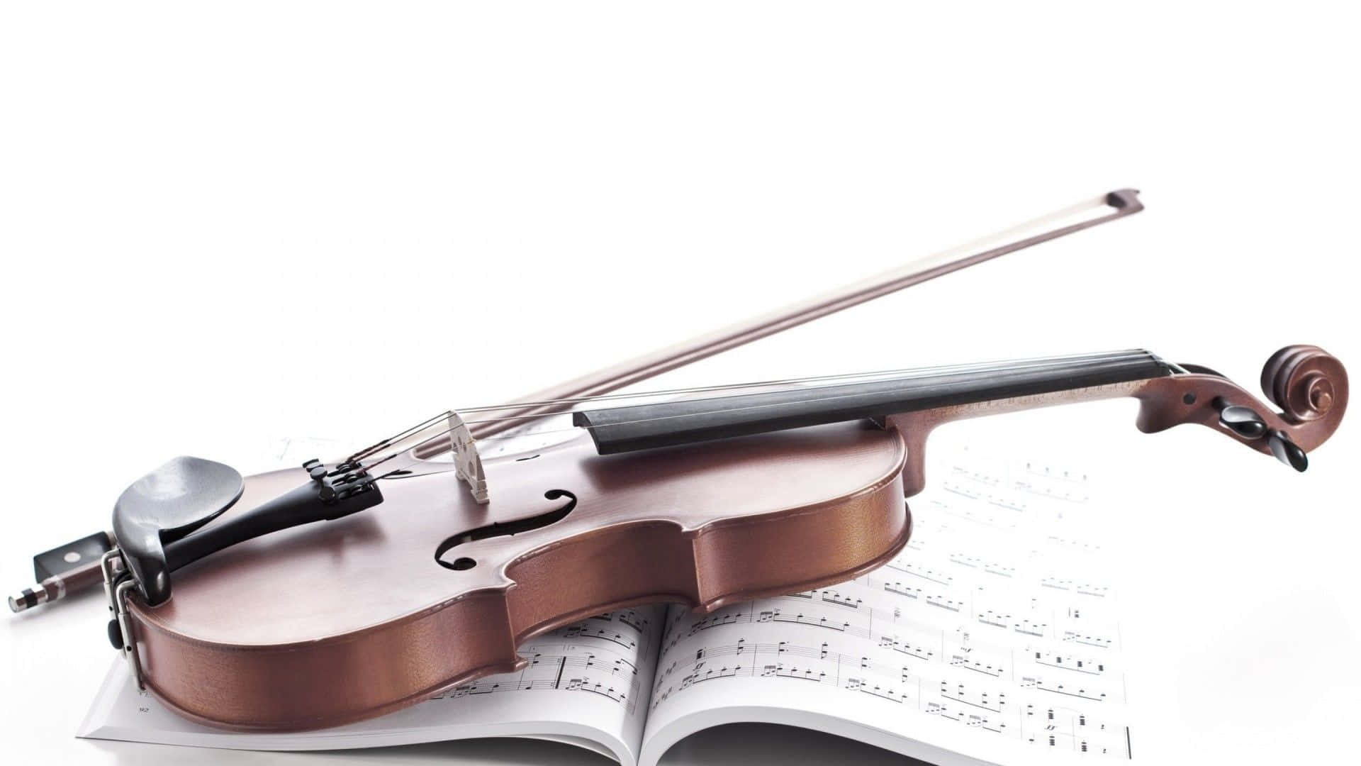 wooden violin, bow, sheet music book, Full HD Desktop Wallpaper