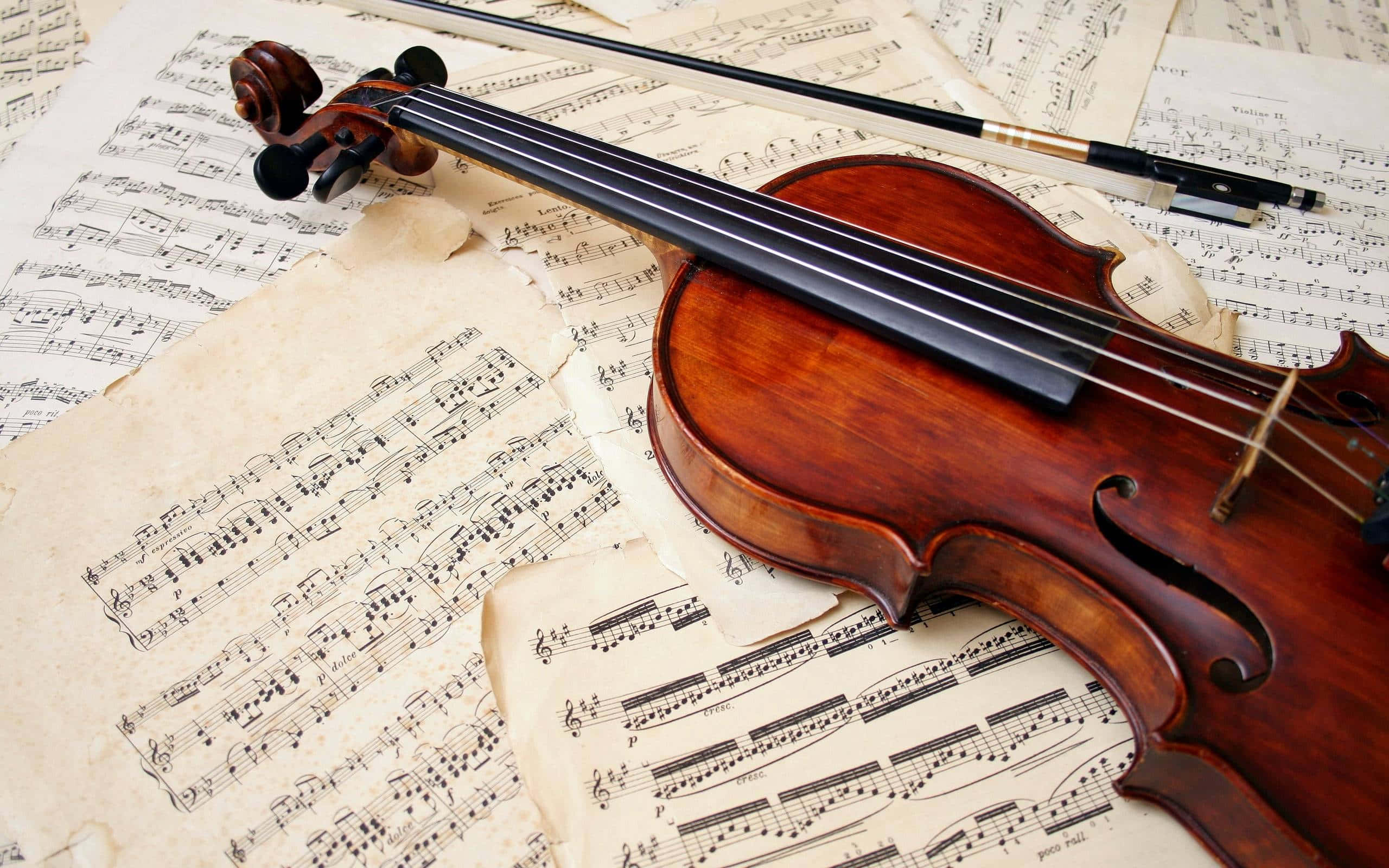 violin, bow, aged yellowed sheet music, 2K Desktop Wallpaper