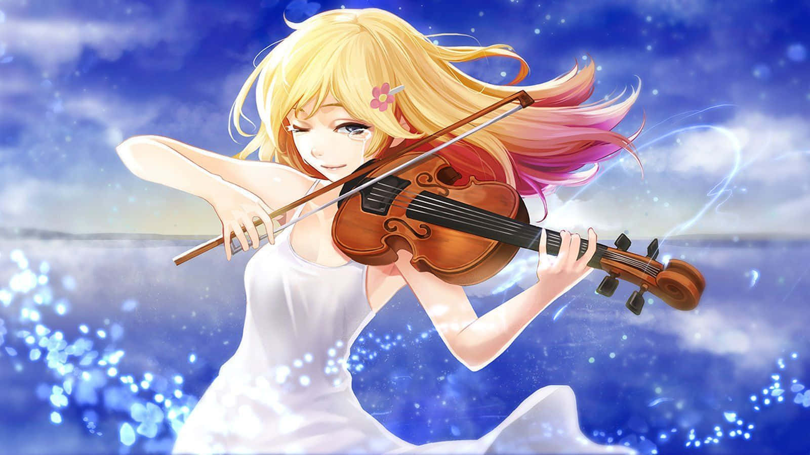 blonde anime girl, white dress, violin, HD Desktop Wallpaper