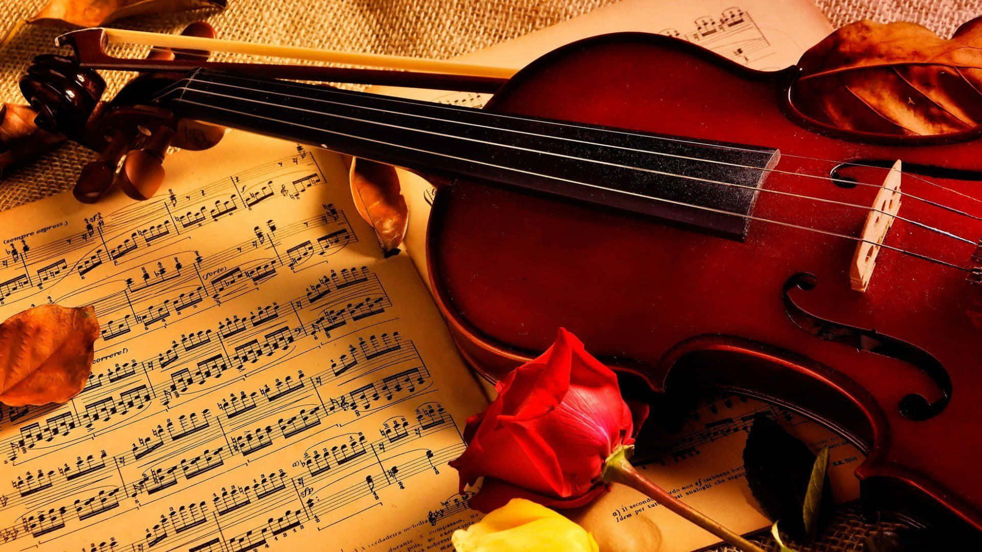 violin, sheet music, red rose, Full HD Desktop Wallpaper