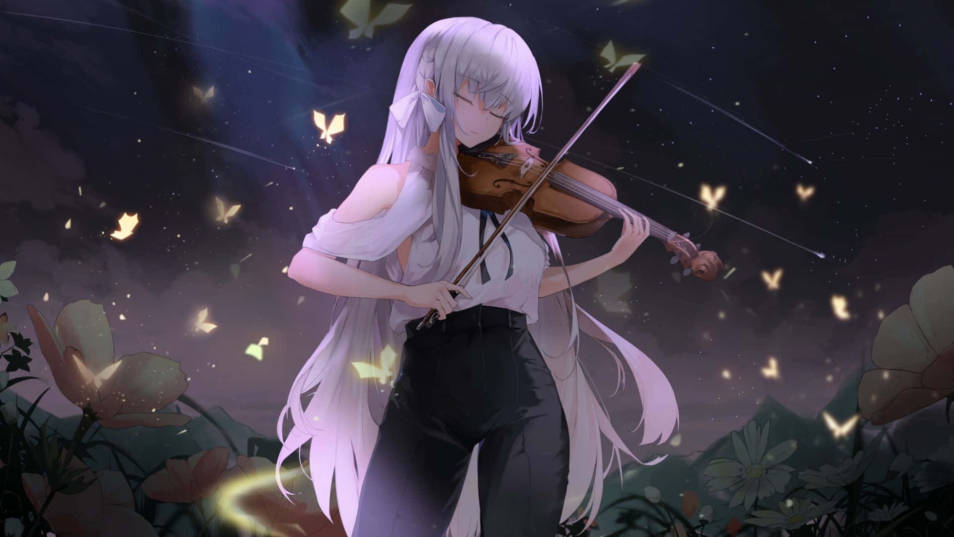 silver-haired anime girl, violin, starry night sky, Full HD Desktop Wallpaper