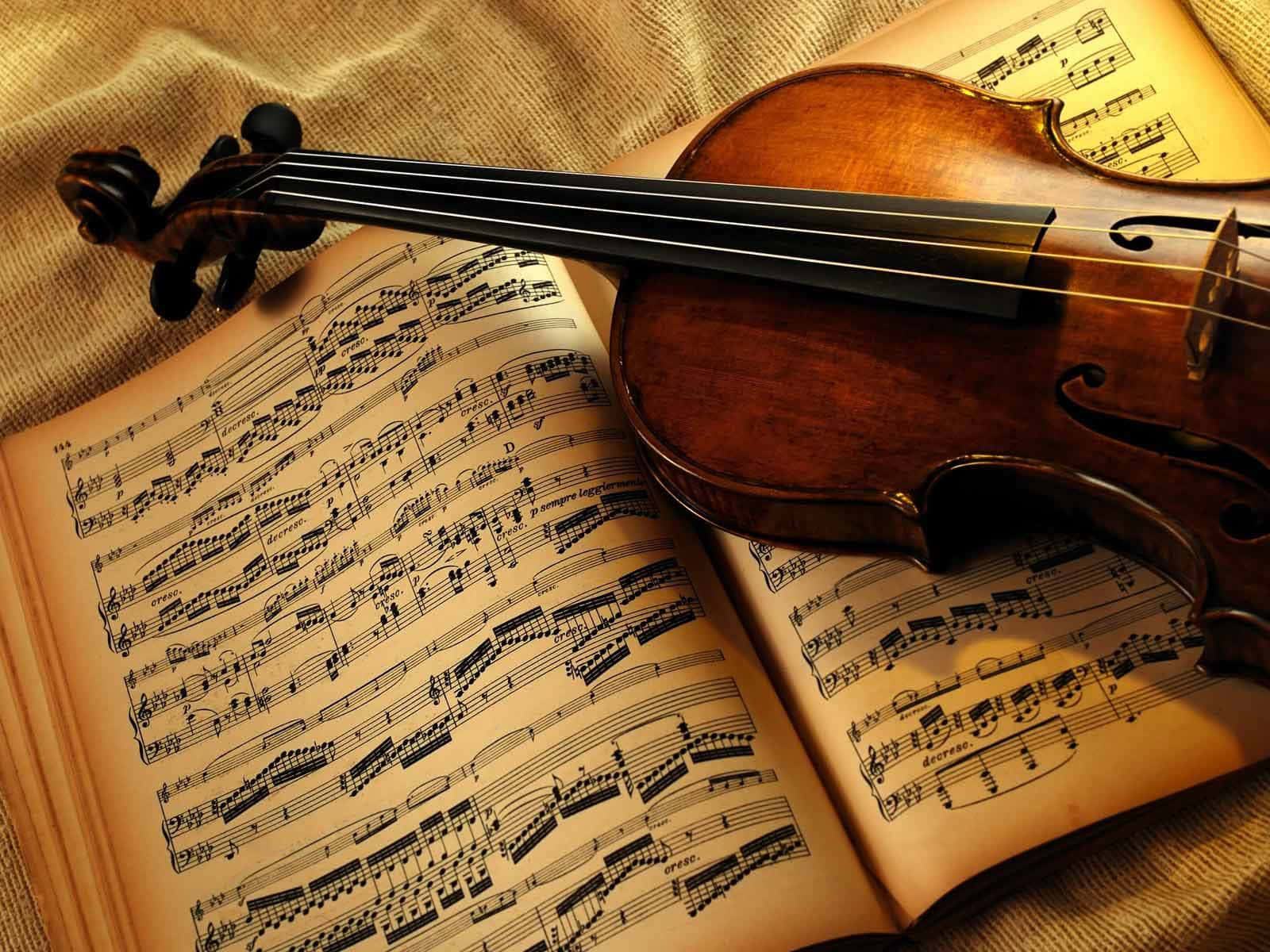 violin, aged sheet music, textured fabric surface, HD Desktop Wallpaper