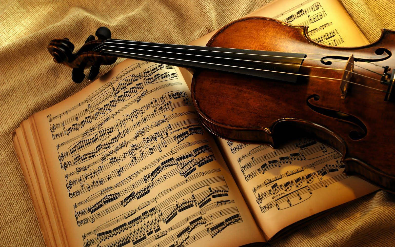 vintage violin, open sheet music book, textured beige fabric, HD Desktop Wallpaper