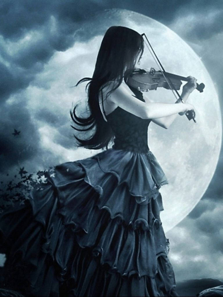 Goth girl, violin, stormy night sky, SD Phone Wallpaper