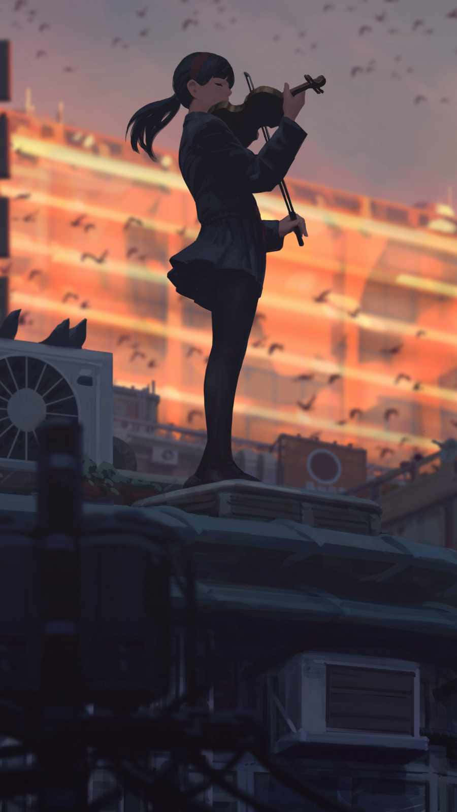 anime girl, violin, rooftop, HD Phone Wallpaper