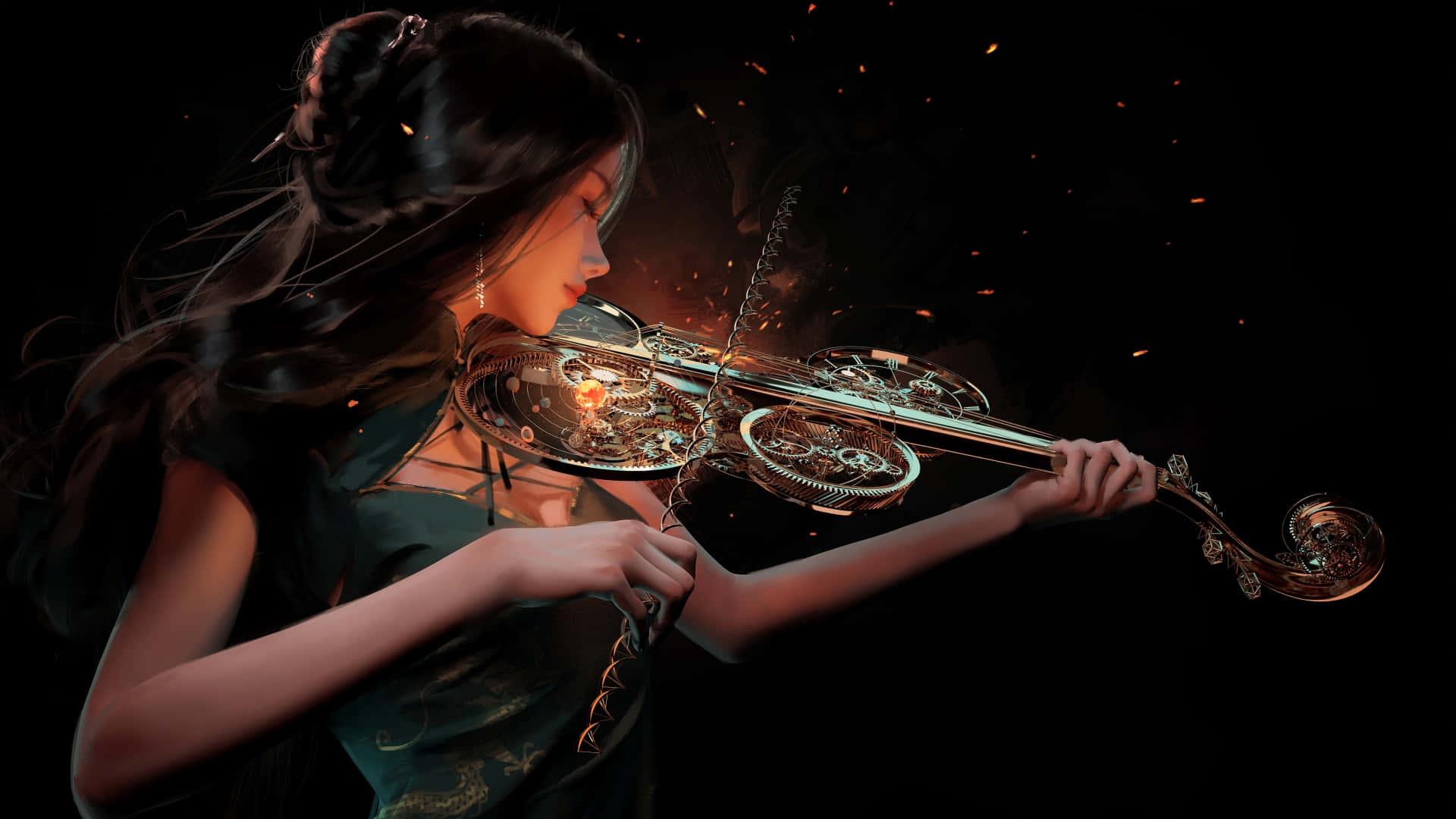 glowing steampunk violin, woman with flowing dark hair, floating embers, Full HD Desktop Wallpaper