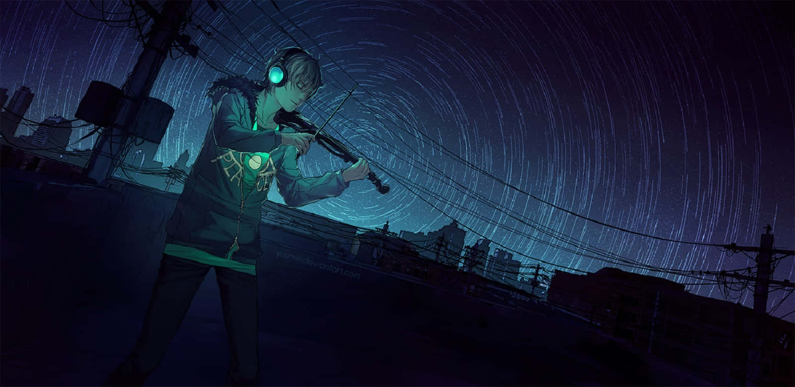 anime teen, violin, starry night sky, HD Desktop Wallpaper