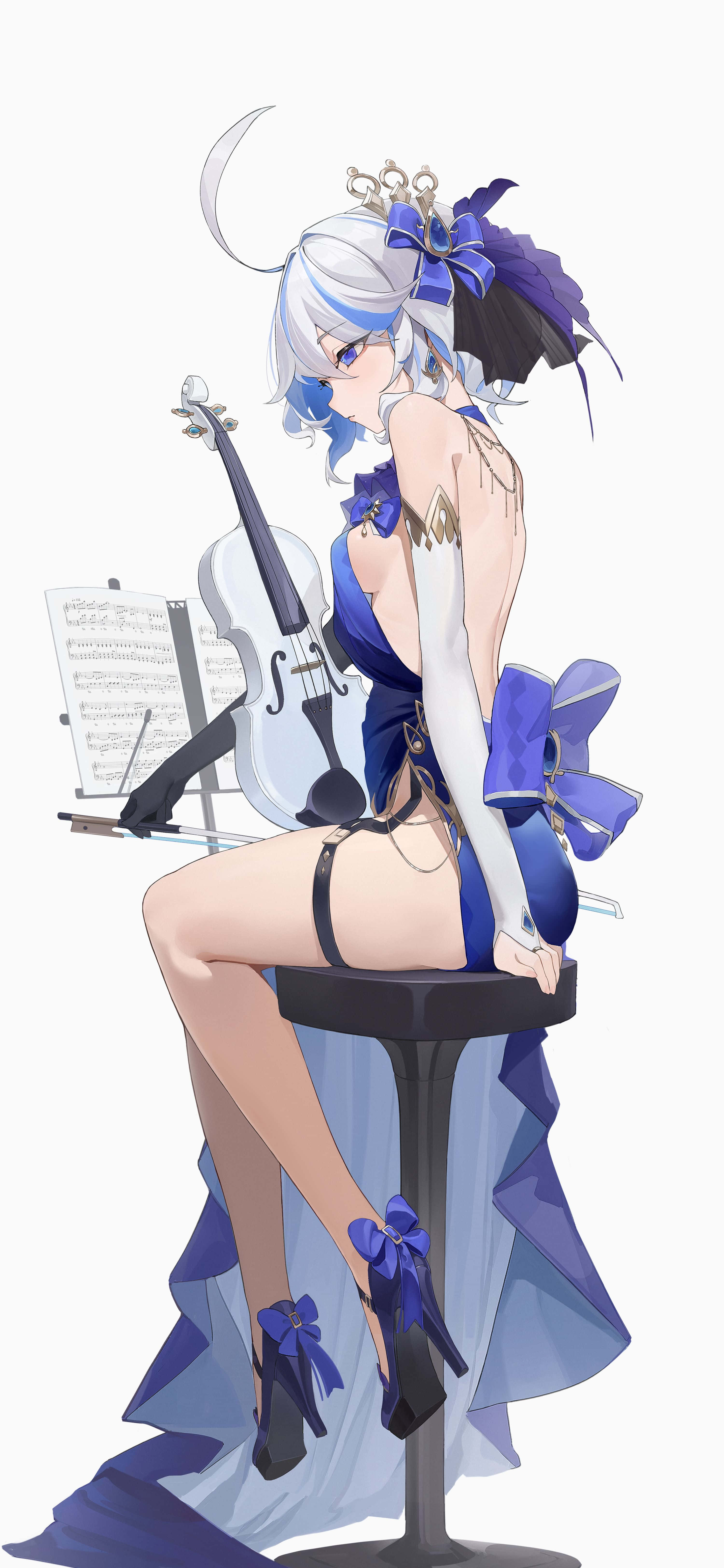 anime girl, silver hair, blue bow, 5K Phone Wallpaper