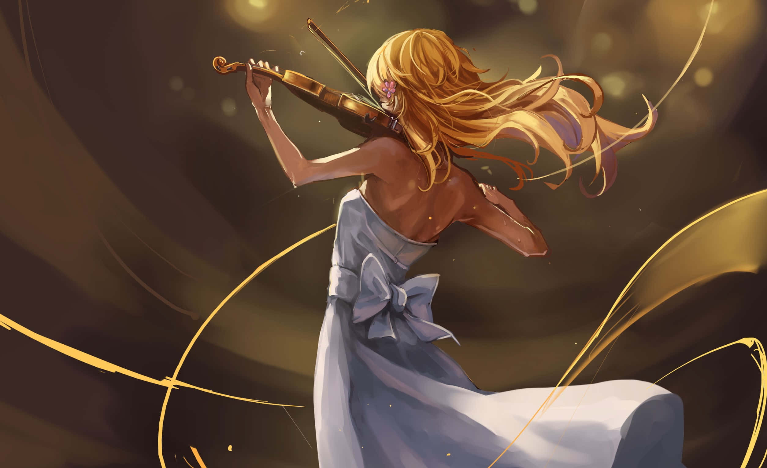golden-haired woman, flowing white dress, violin, Full HD Desktop Wallpaper