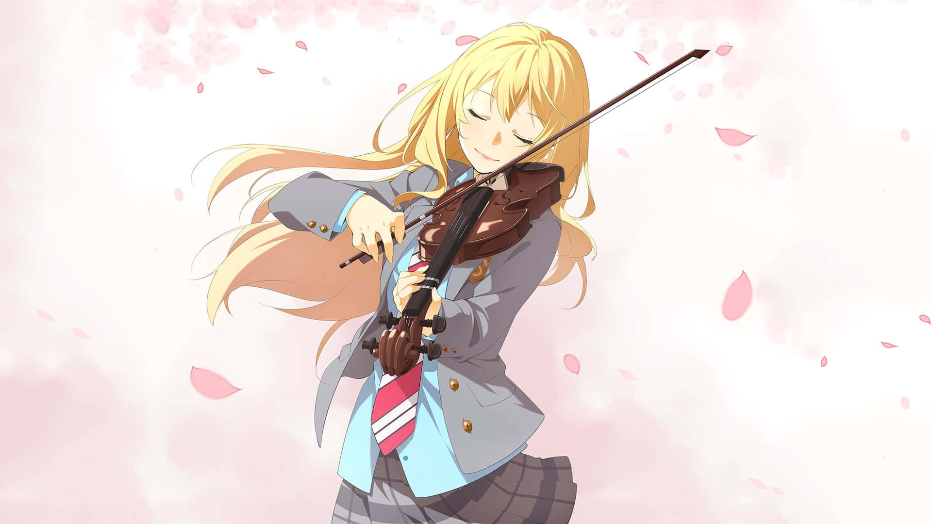blissful violinist anime character, long blonde hair, plays violin, Full HD Desktop Wallpaper