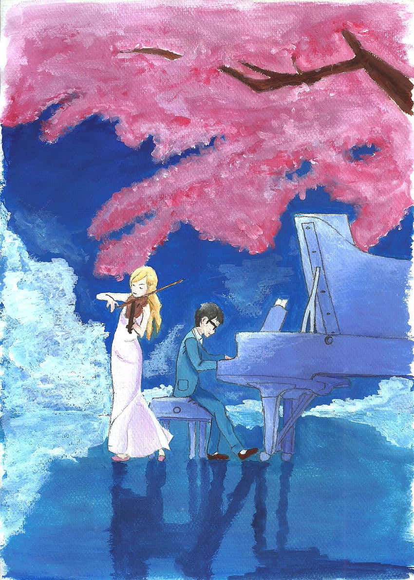 violin, piano, cherry blossom tree, SD Phone Wallpaper
