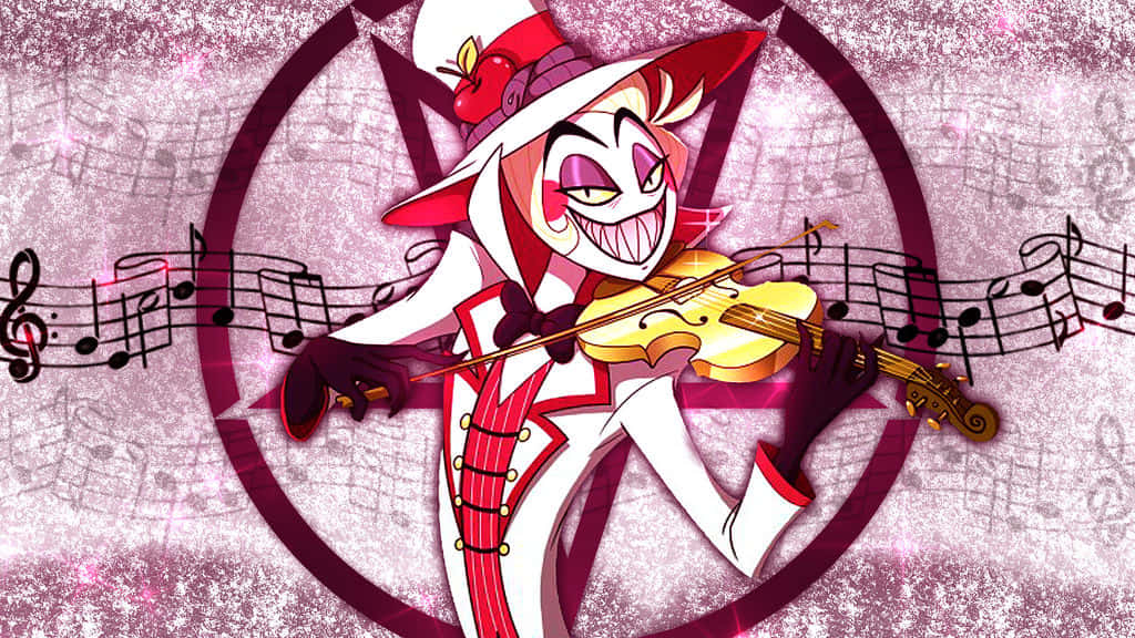 animated devil violinist, red and white outfit, musical notes, SD Desktop Wallpaper