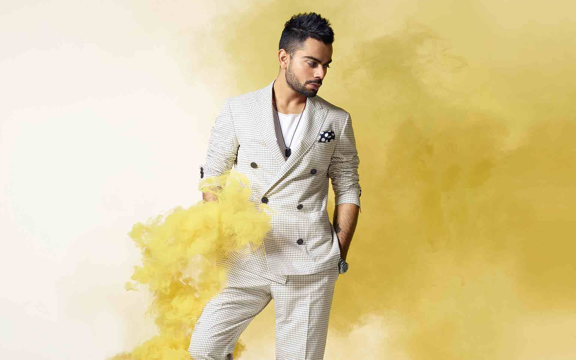 Virat Kohli, checkered suit, vibrant yellow smoke, Full HD Desktop Wallpaper