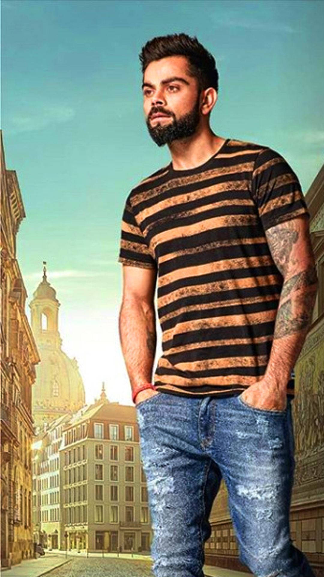 Virat Kohli, ripped jeans, striped shirt, Full HD Phone Wallpaper