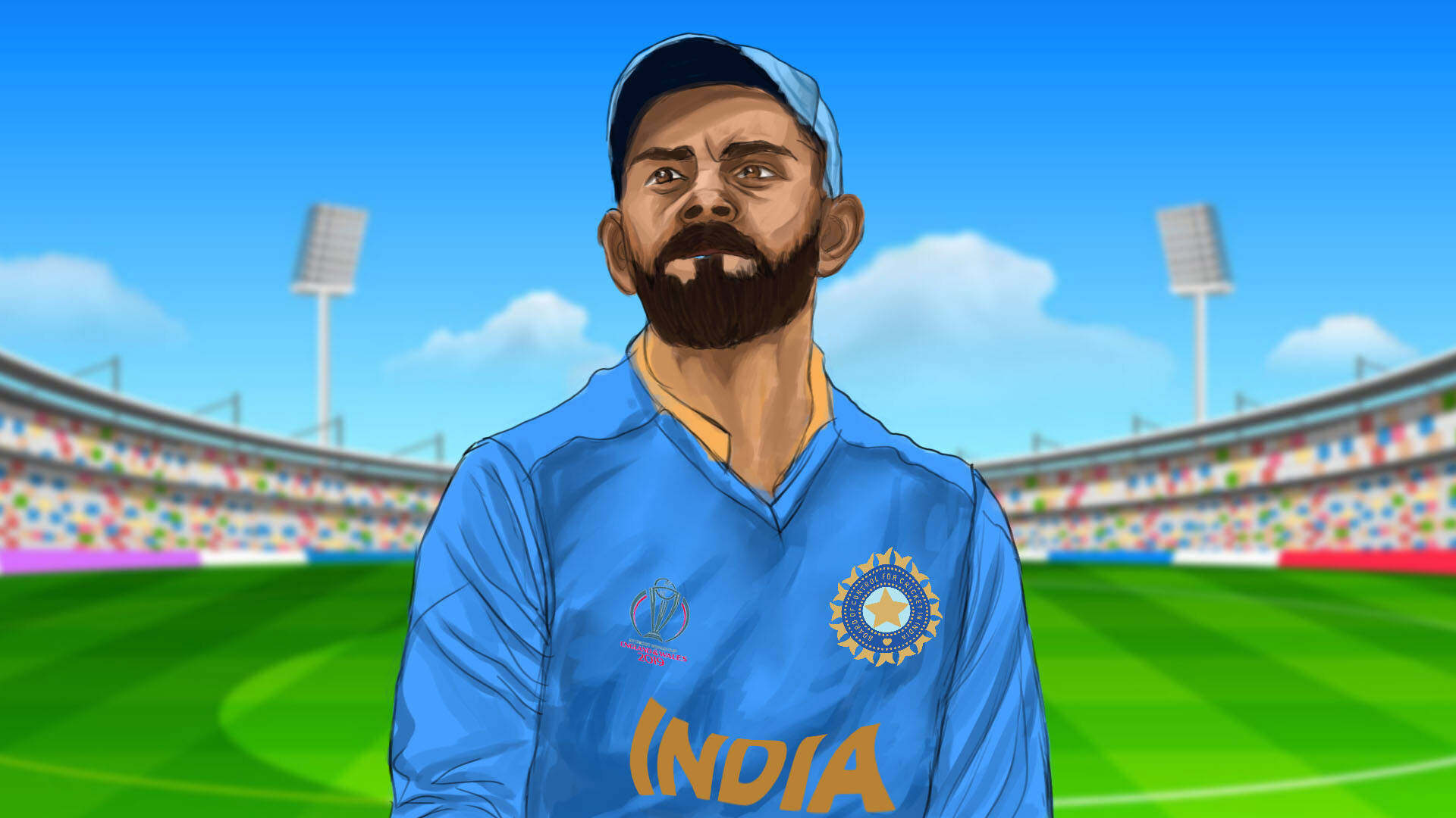 Virat Kohli, blue India jersey, vibrant green field, Full HD Desktop Wallpaper