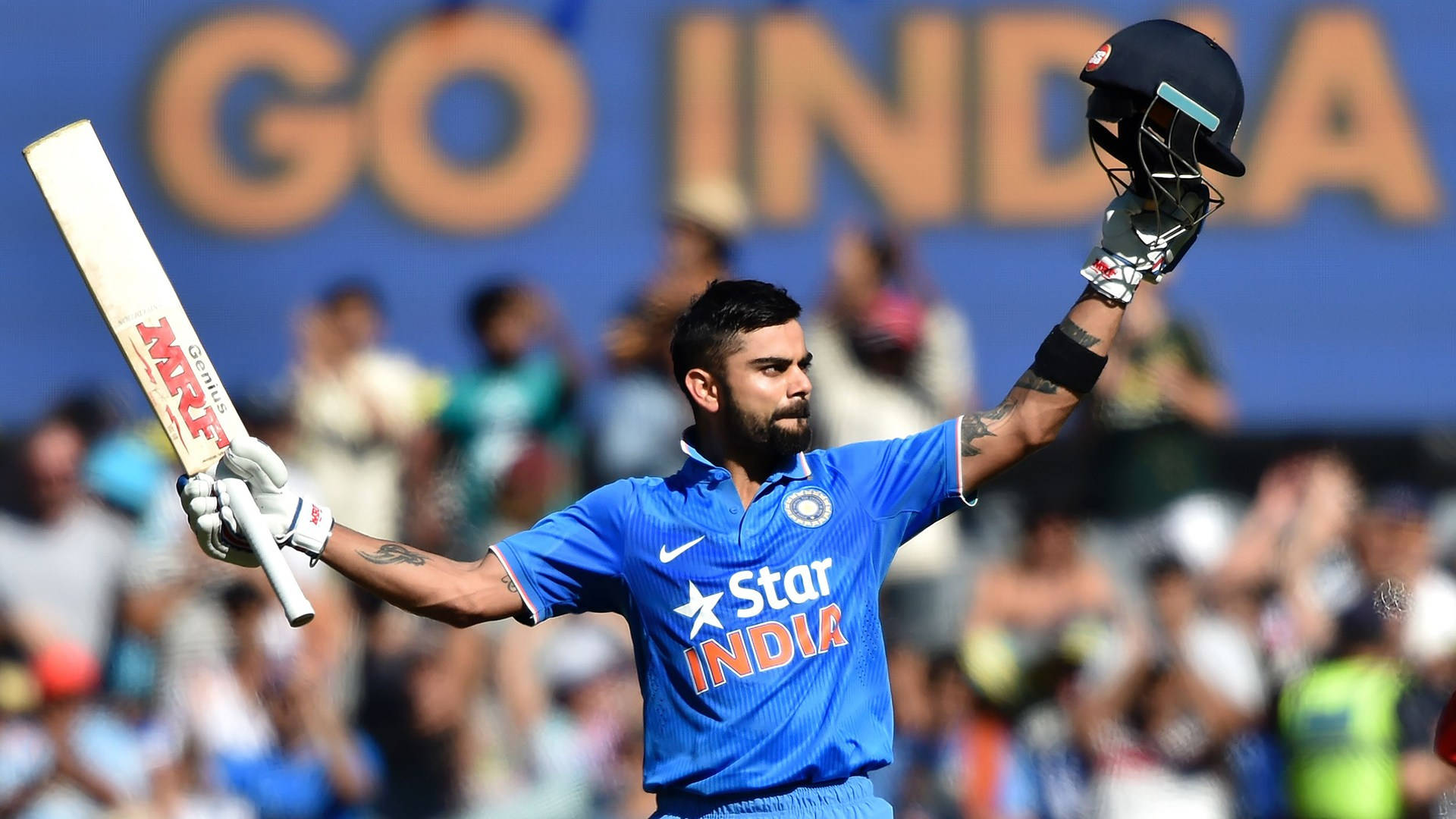 Virat Kohli, blue India jersey, bat, Full HD Desktop Wallpaper