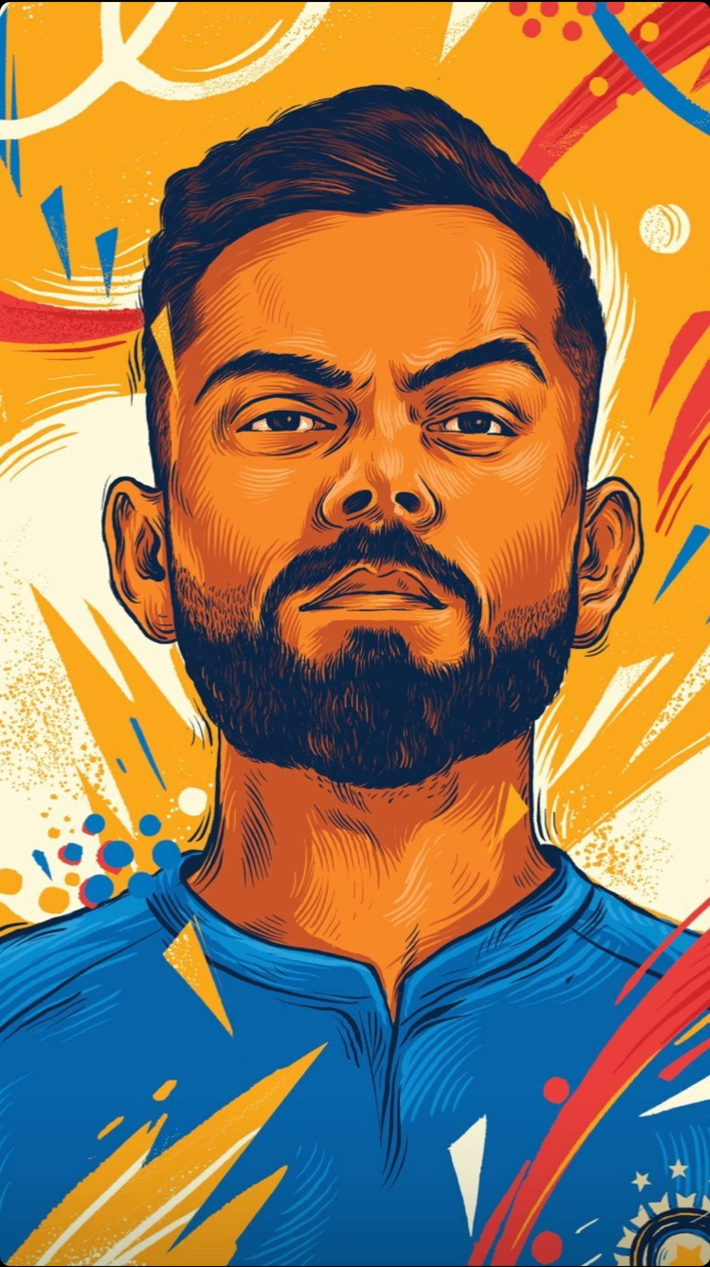 Virat Kohli, cartoon, orange yellow background, 2K Phone Wallpaper